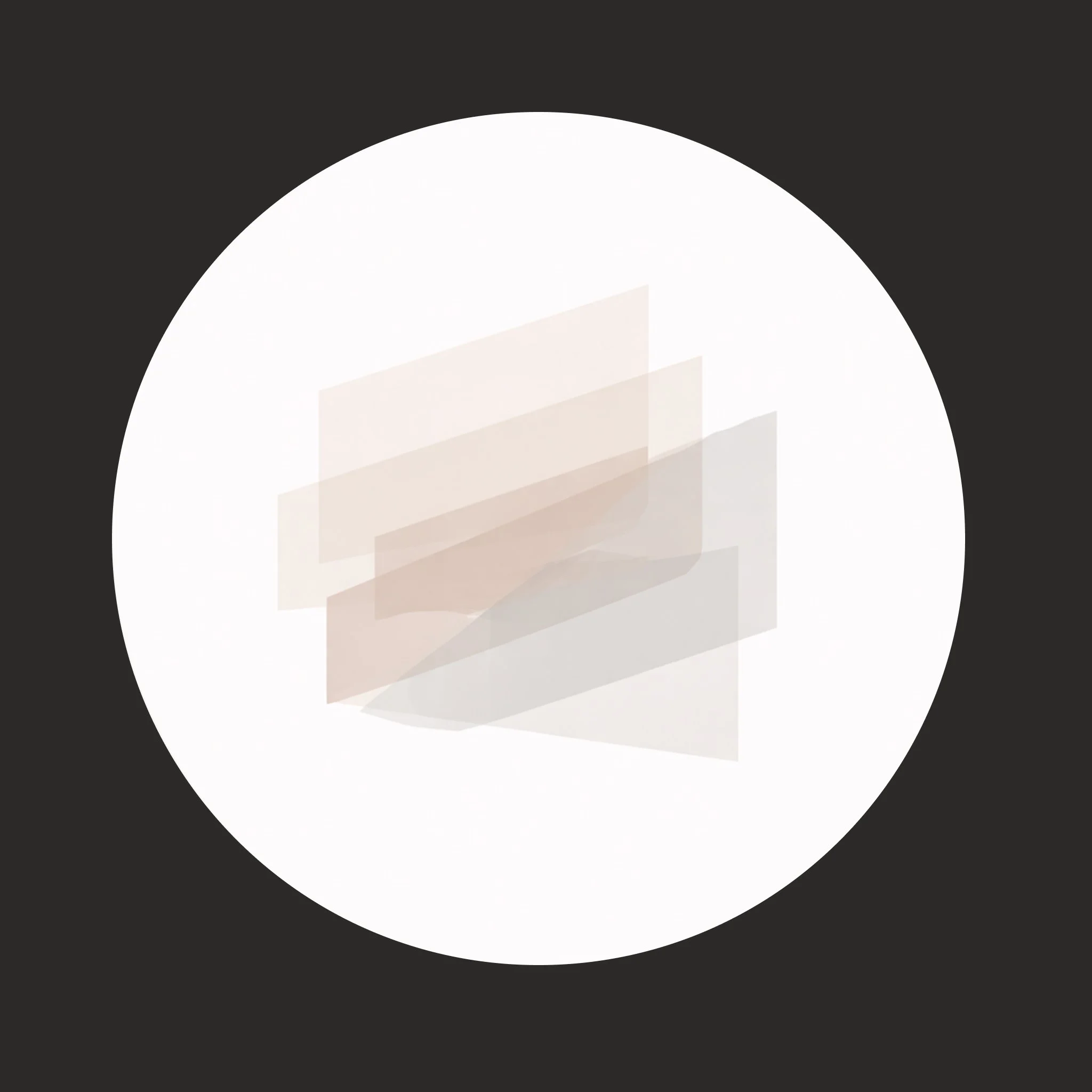 Abstract geometric design with multiple overlapping translucent rectangles in beige and gray on a white circular background, with a black surrounding.