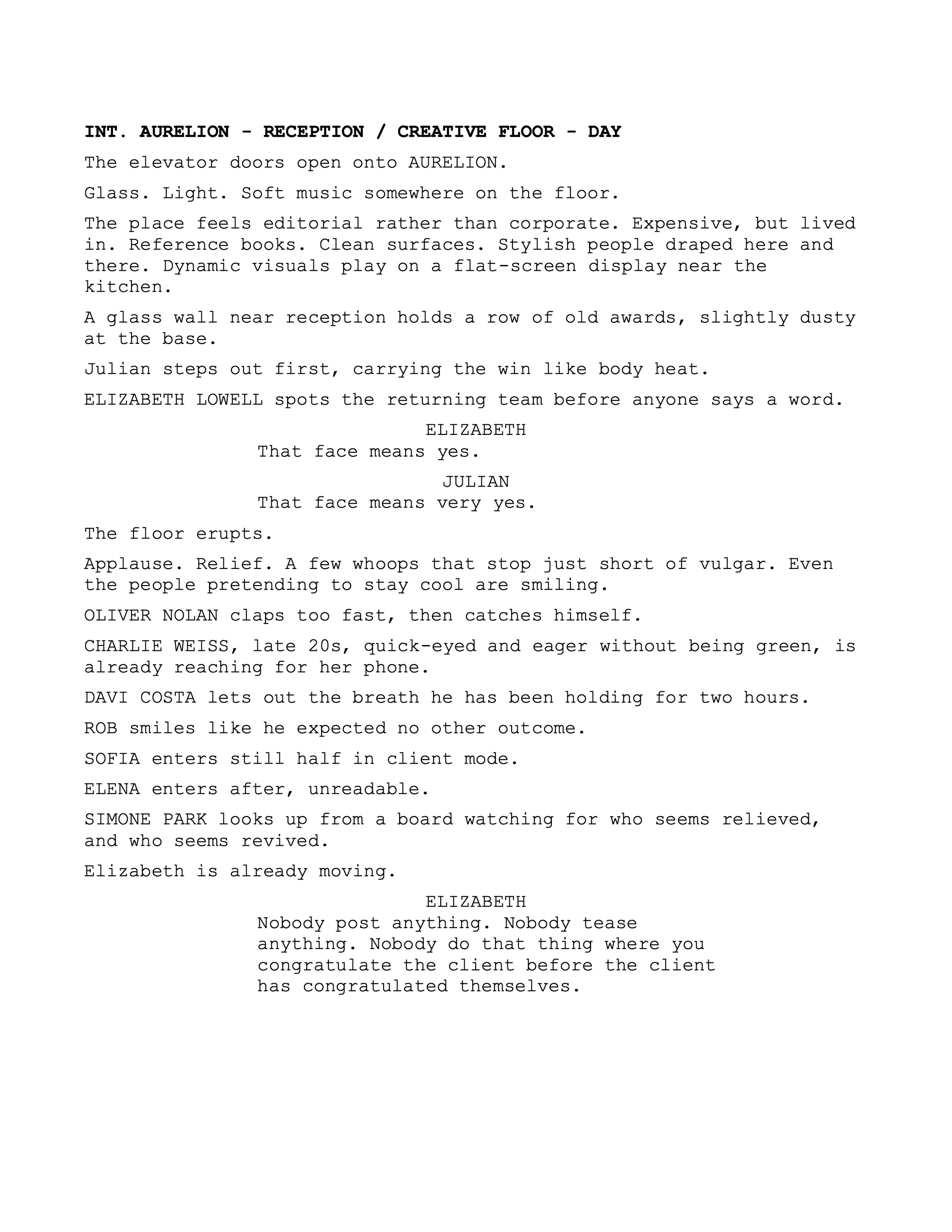 A script page with dialogue and scene description from original teleplay, Glasshouse by Synden Hope-Johnston