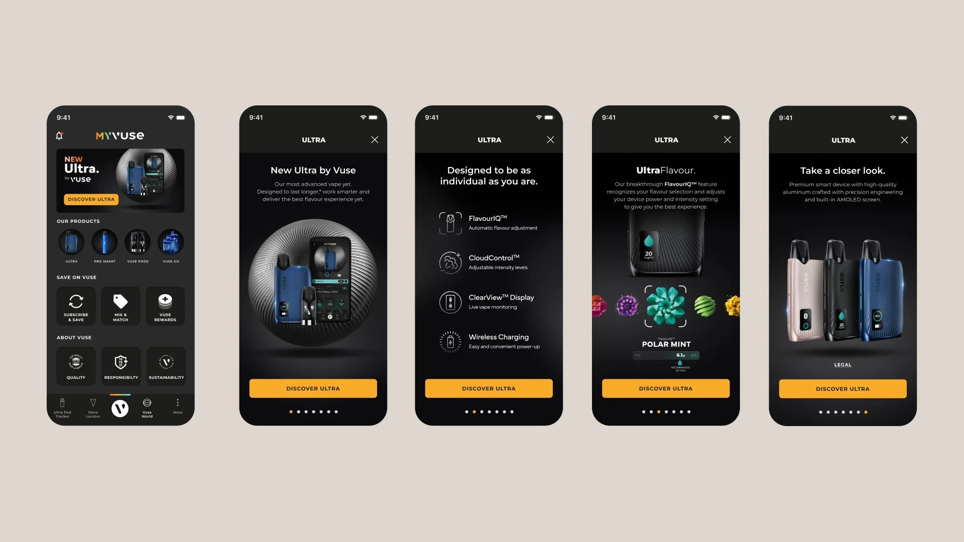 Five smartphone screens showing an app interface for Vuse Ultra vaping products, including product descriptions, features like flavor adjustment, live monitoring, and device images.
