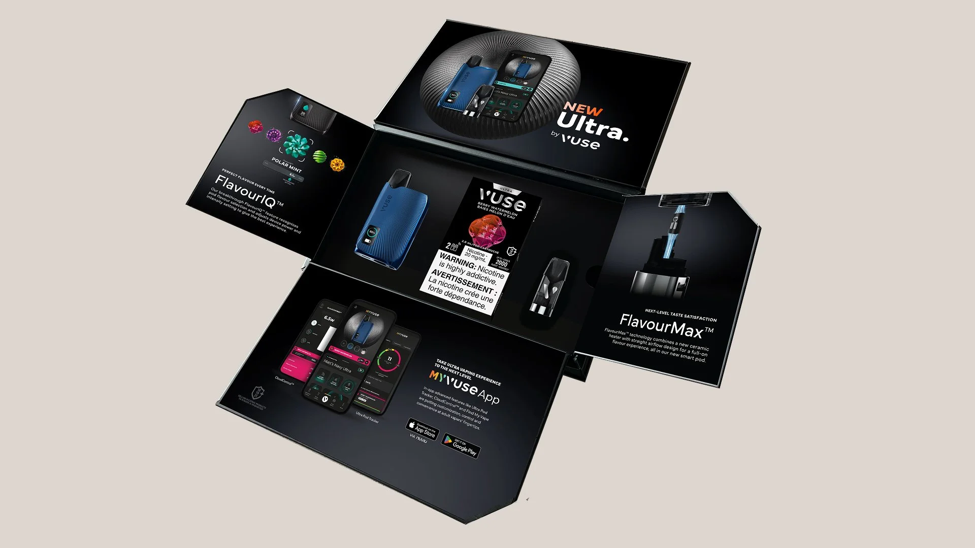 Display box showcasing vaping devices and accessories from the brand 'iUse', including a vaping device, flavor pods, a charging case, and a mobile app, with promotional information about flavor maximization and app control.
