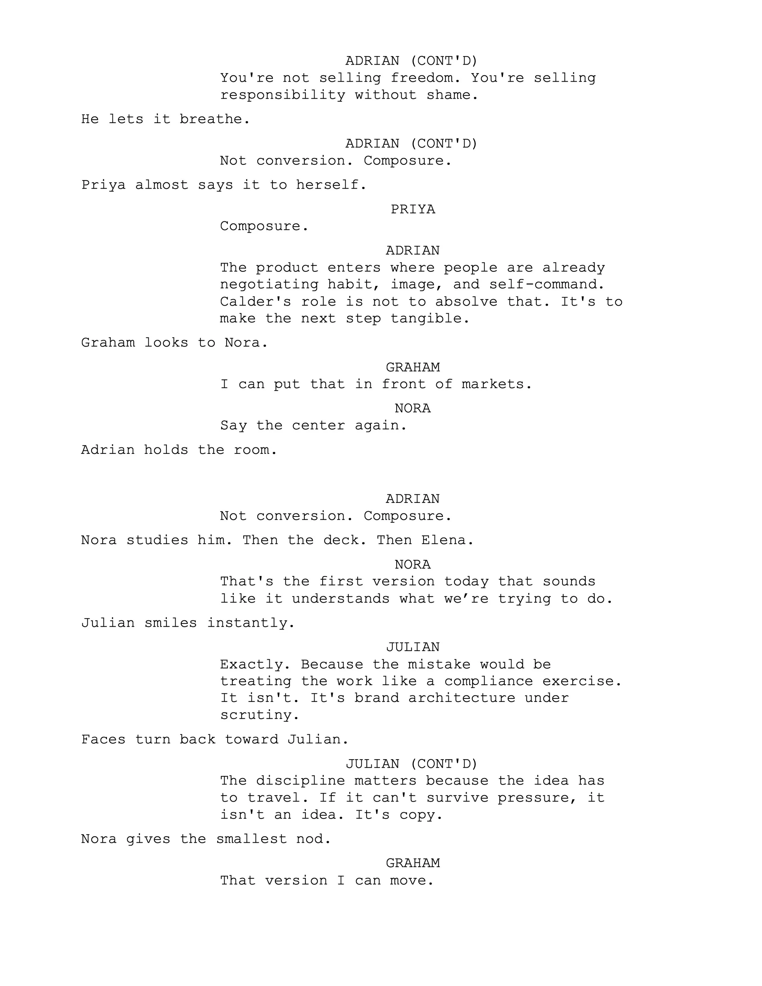 A script page with dialogue and scene description from original teleplay, Glasshouse by Synden Hope-Johnston