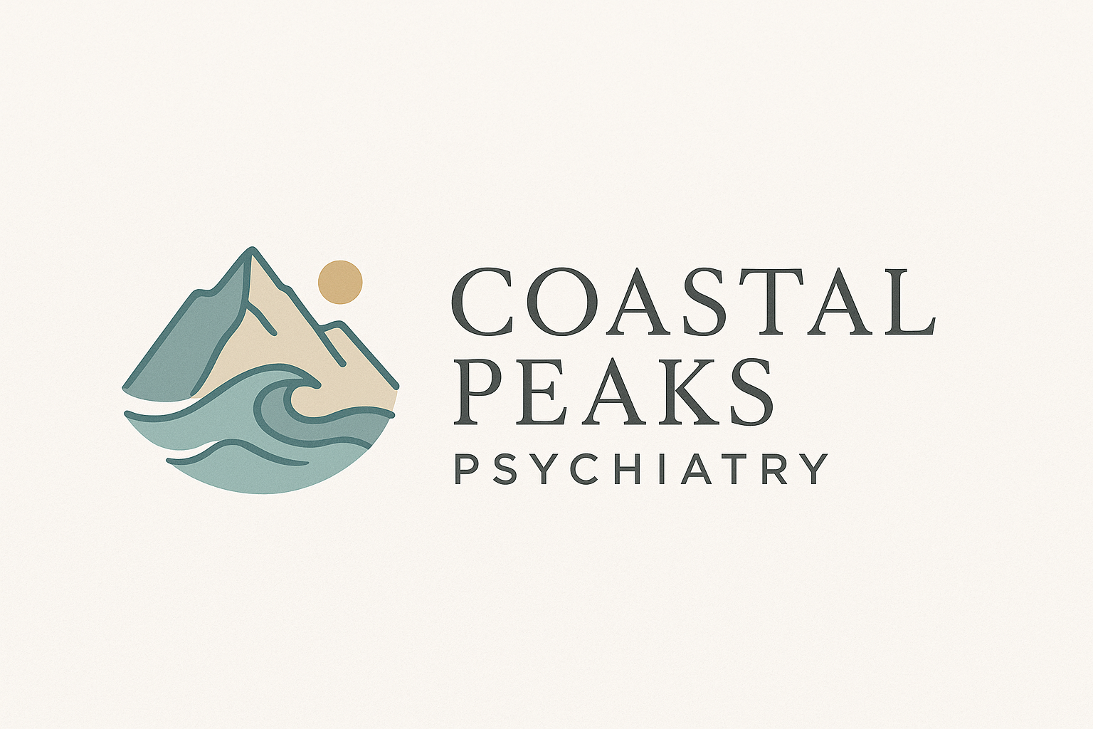 Logo for Coastal Peaks Psychiatry featuring a stylized mountain, sun, and ocean waves in soft earth tones.
