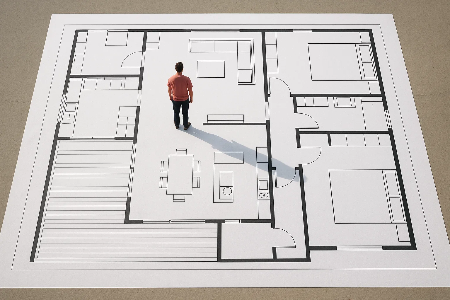 A person standing on a large architectural floor plan drawing of a house.