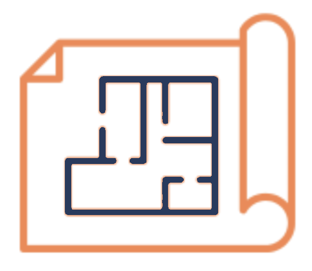Icon of a rolled-up blueprint or map with a detailed floor plan design.
