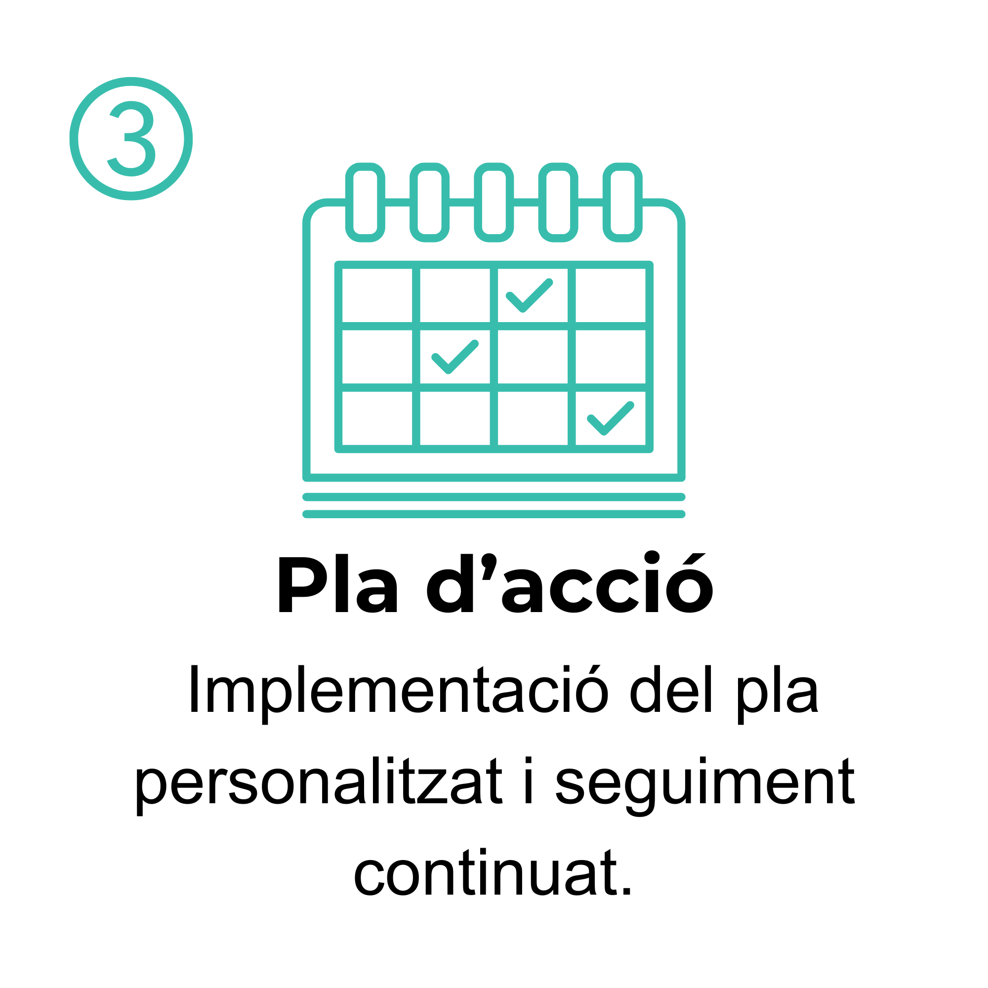 Il·lustració del pas 3 del procés de Vitalik Lab amb una icona d'un calendari amb marques de verificació i el títol 'Pla d’acció', que representa la implementació d’un pla personalitzat amb seguiment continuat i monitorització del progrés.