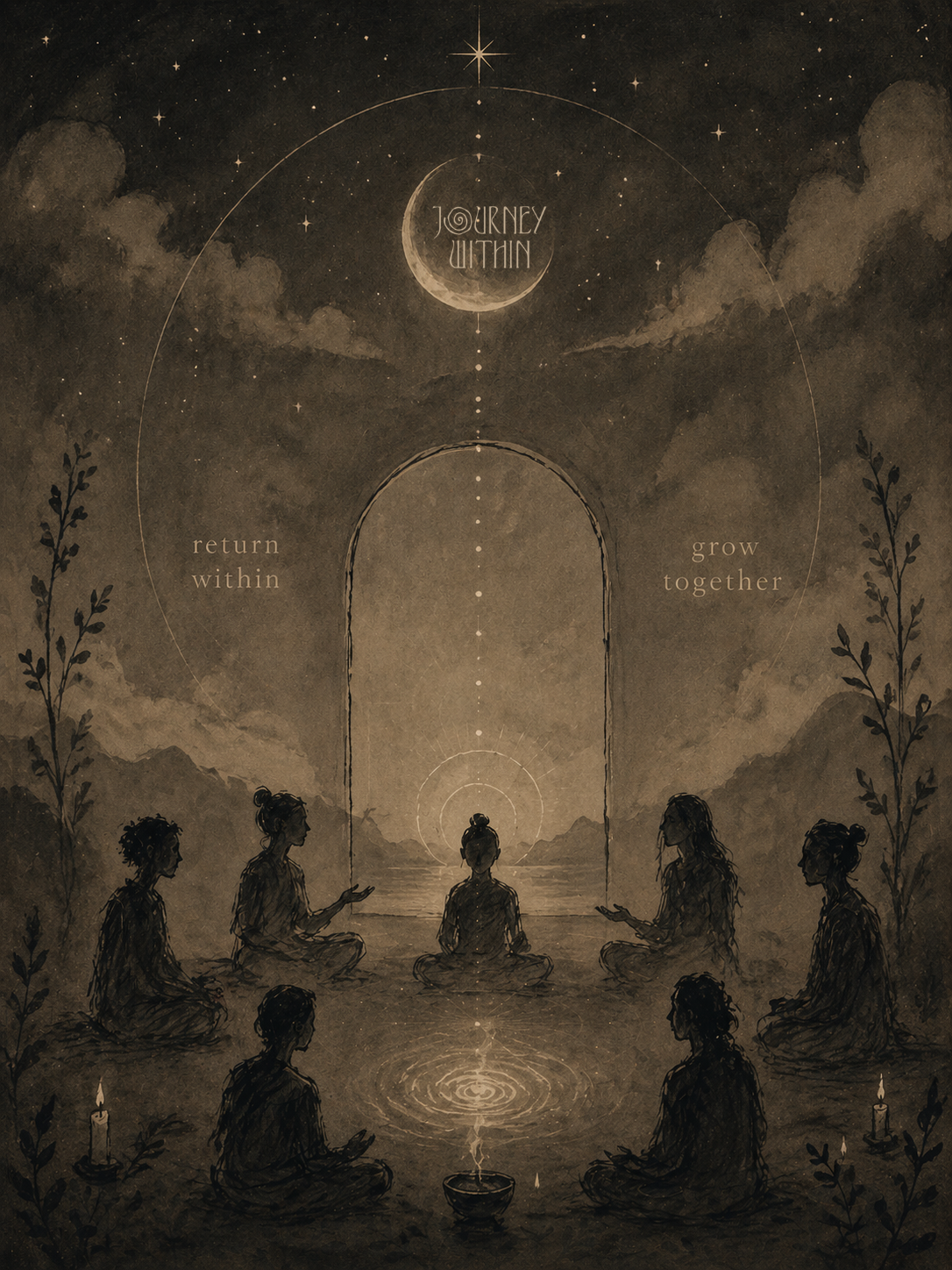 A dark, mystical scene featuring seven women sitting cross-legged in a circle outdoors at night. They are surrounded by trees, candles, and water, with a starry sky and a crescent moon above. The moon has the words 'Journey Within,' and the scene includes the phrases 'return within' and 'grow together.'