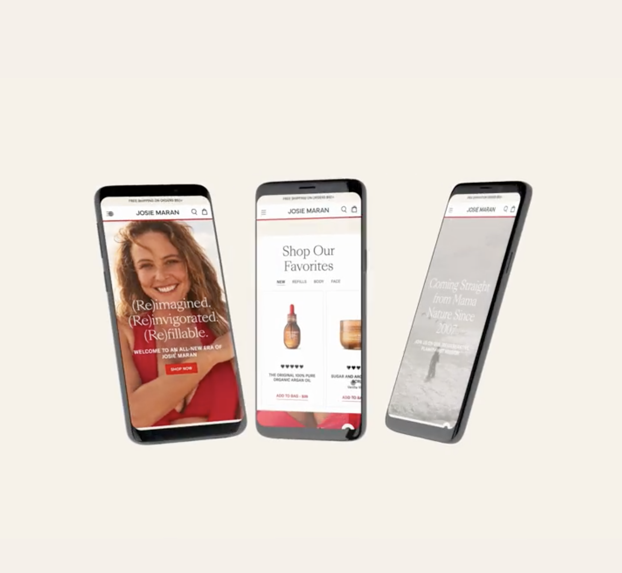Three smartphones displaying different pages of the Josie Maran skincare website, with a light beige background.