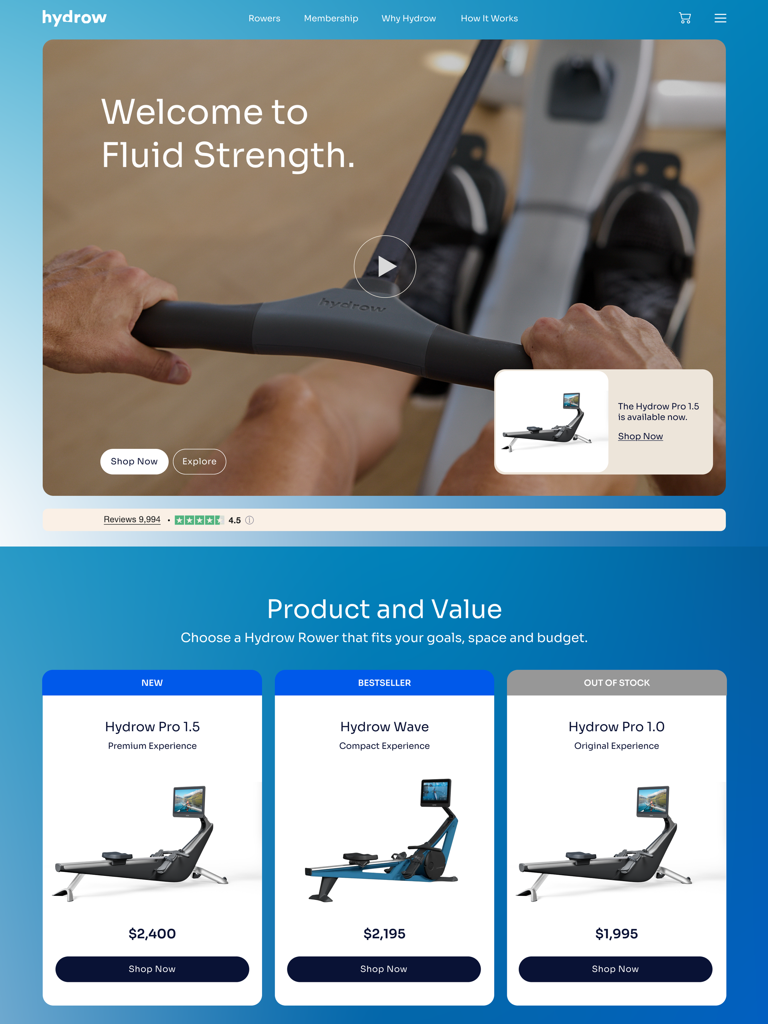 Homepage of Hydrow website featuring a person rowing on an indoor machine, with navigation menu at the top, product options below, and a promotional banner.