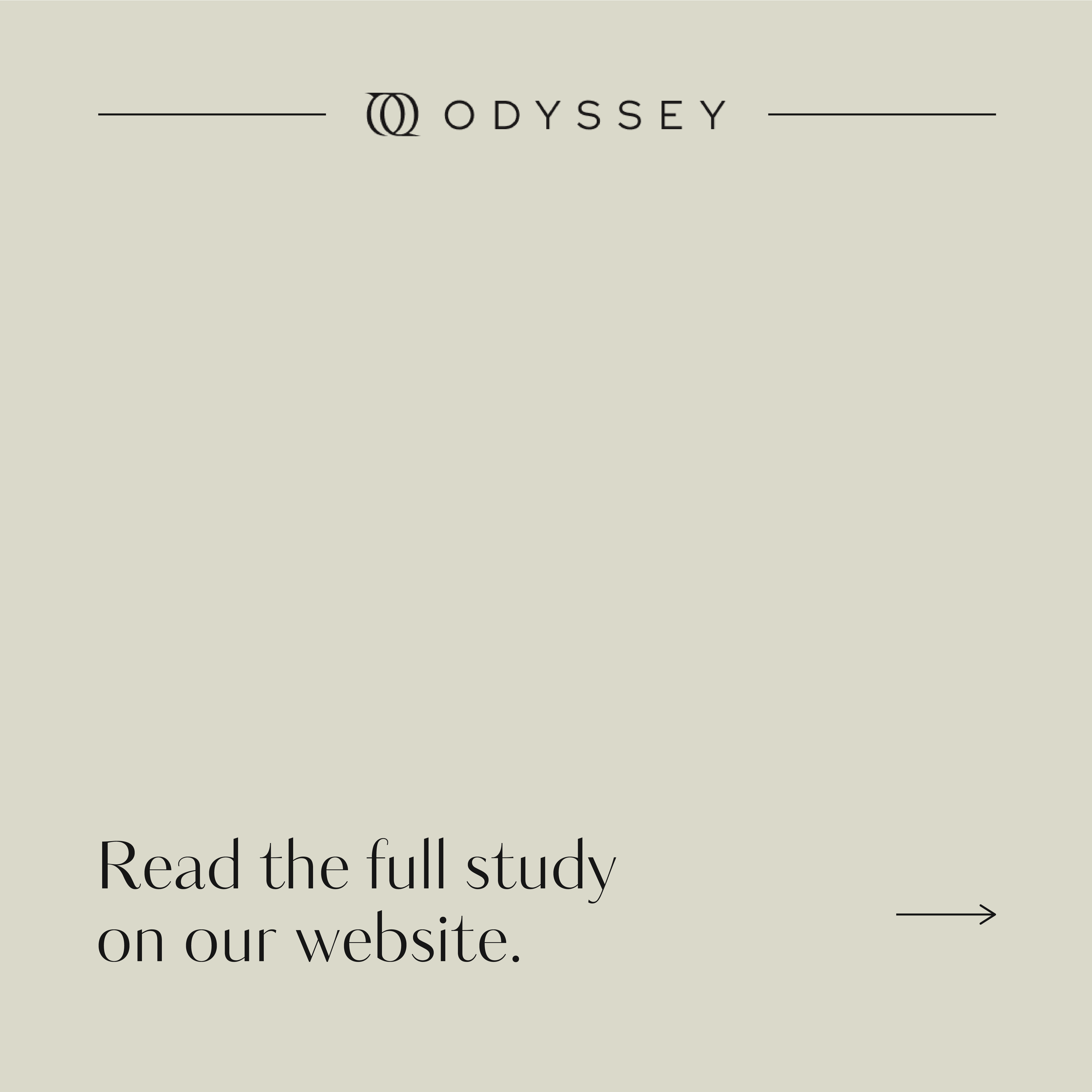 Light beige webpage with the word 'Odyssey' and a logo at the top, and a message below that says 'Read the full study on our website' with a right arrow.