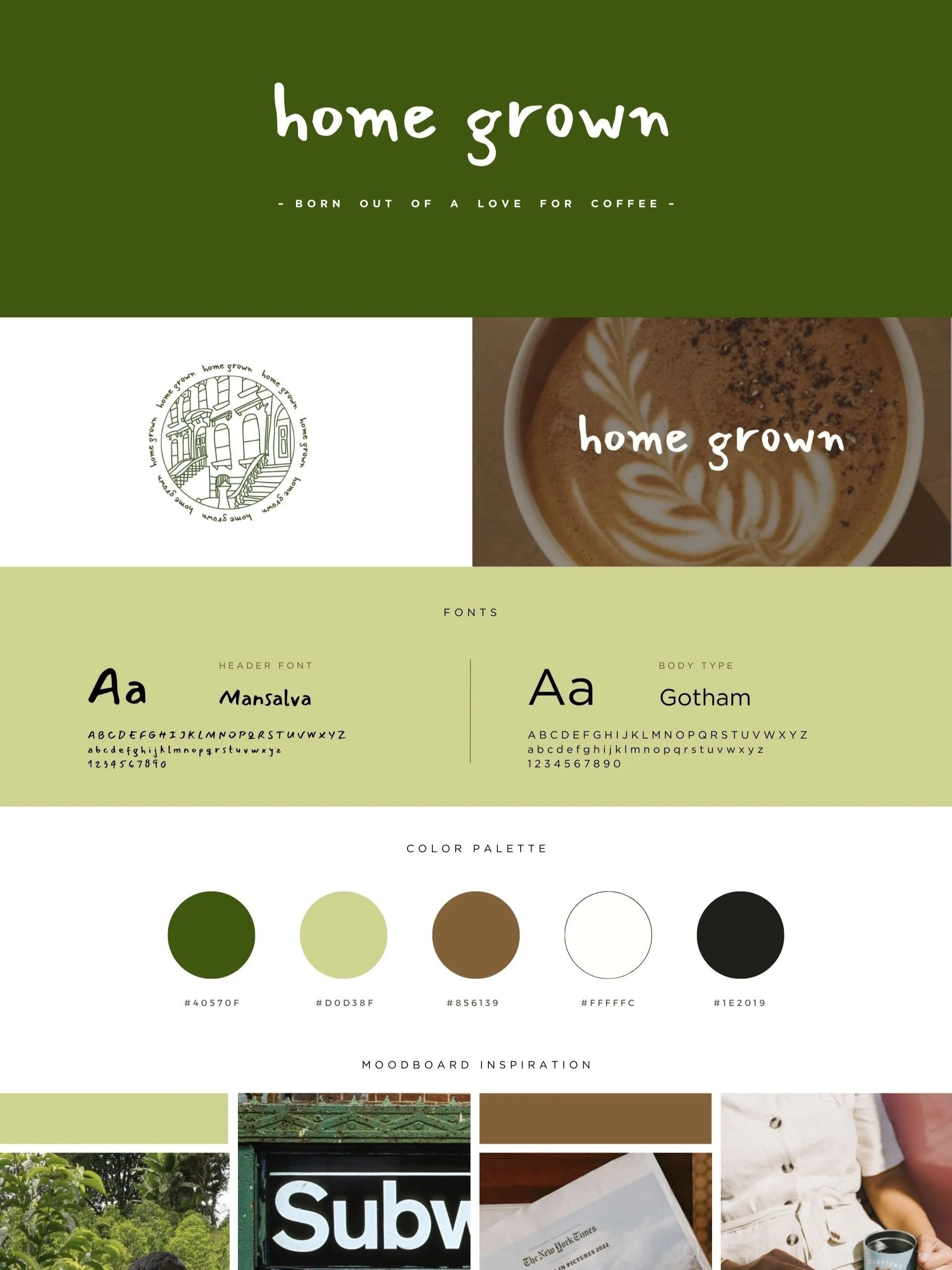 A slim brand guide for 'home grown' coffee, featuring logo, color palette, fonts, and moodboard inspiration with photos of coffee, a person picking fruit, a Subway sign, and reading.