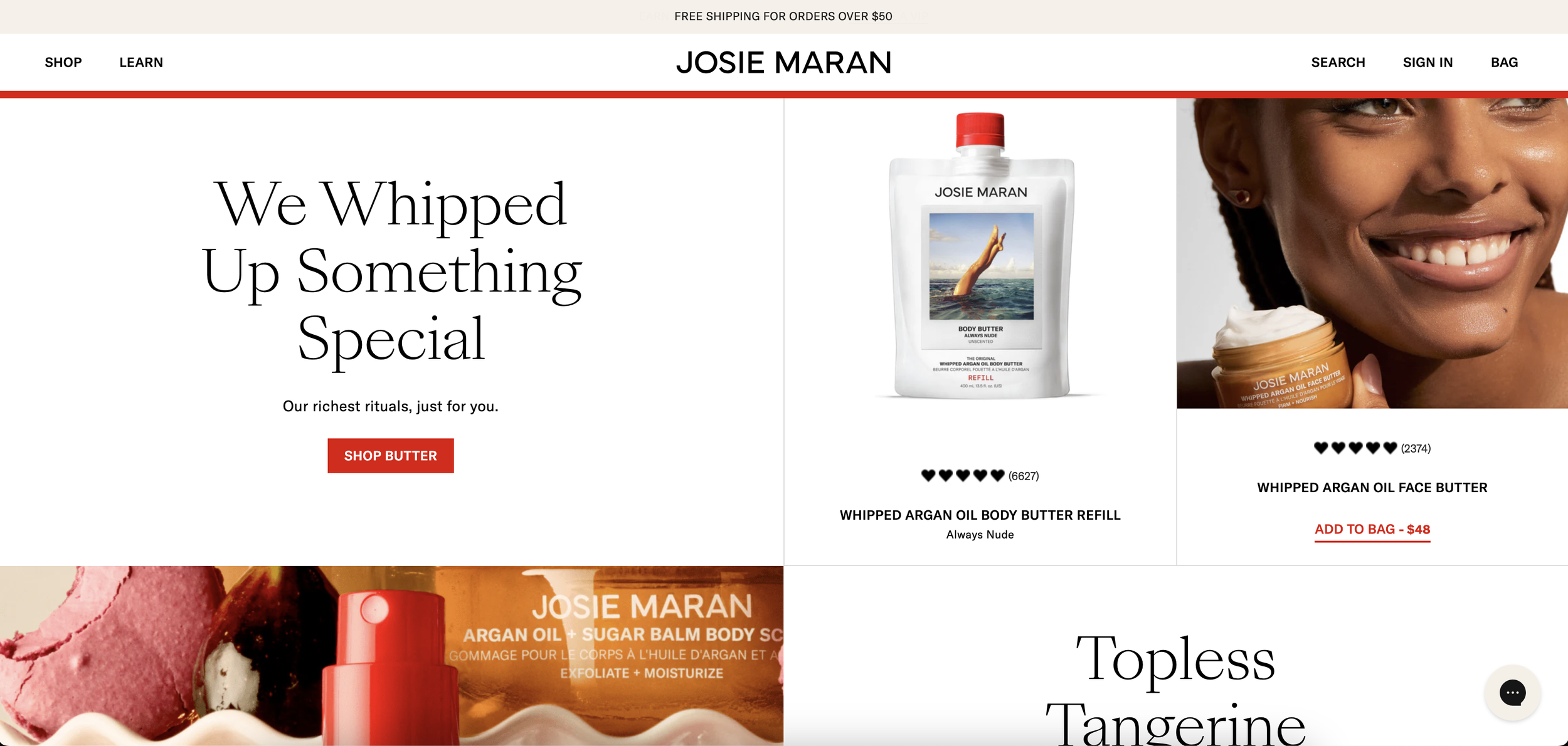 Product page featuring Josie Maran skin care and body butters, with a large image of a smiling woman holding a jar of whiped argan oil face butter, and product images of a body butter refill and face butter jar, along with promotional text and navigation menu.