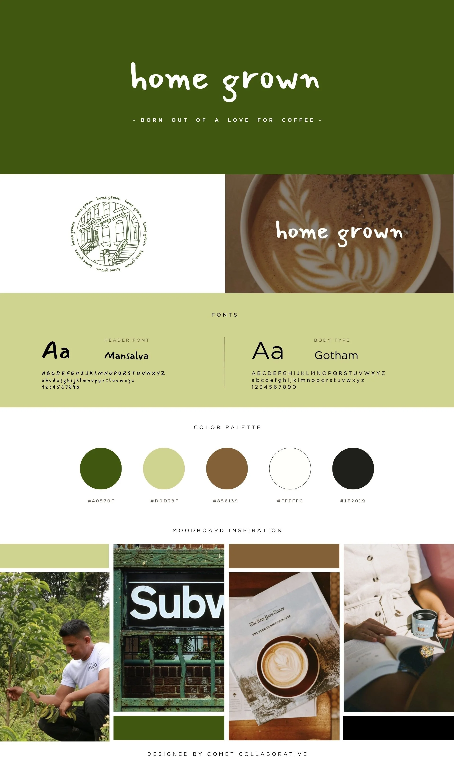 A slim brand guide for 'home grown' coffee, featuring logo, color palette, fonts, and moodboard inspiration with photos of coffee, a person picking fruit, a Subway sign, and reading.