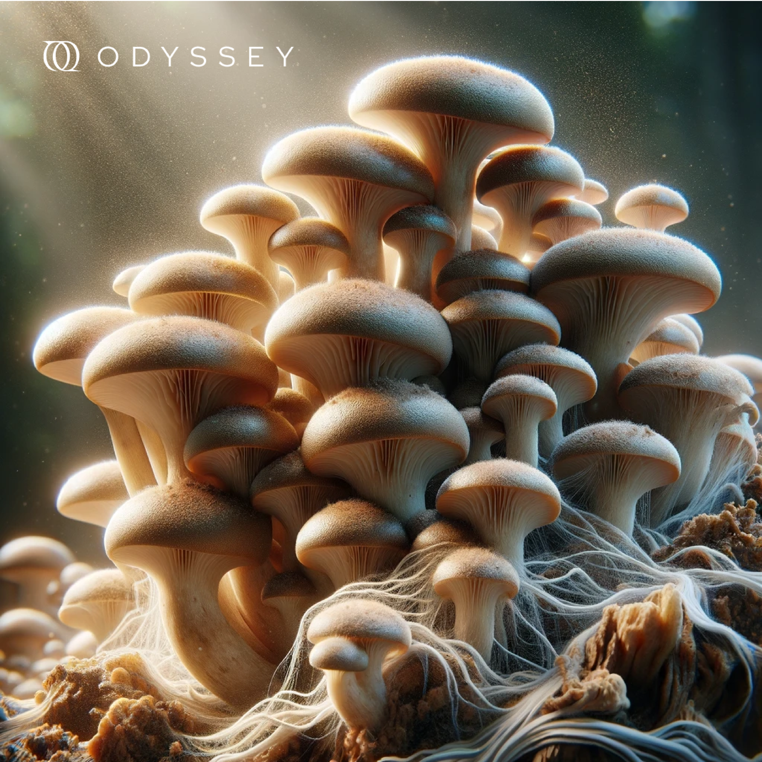 Cluster of glowing, beige-colored mushrooms with thin, white, thread-like mycelium at the base, underwater with a dark background and floating particles.
