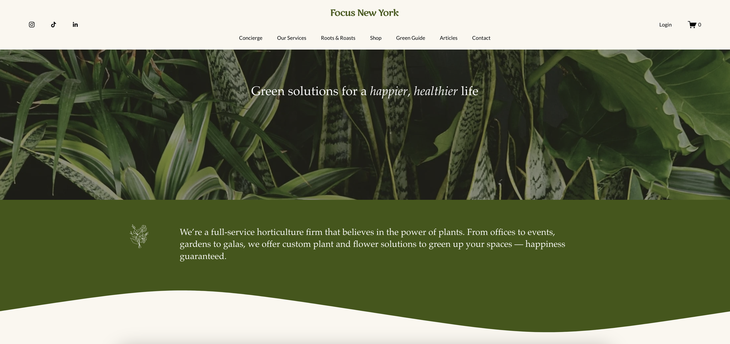 Website homepage for 'Focus New York,' a horticulture firm. Top menu includes icons for social media, login, shopping cart, and navigation links. Hero section features a background image of lush green tropical leaves with a caption 'Green solutions for a happier, healthier life.' Below, a green section with white text explains the company's focus on plant and flower solutions for offices, events, and gardens, emphasizing happiness and custom solutions.