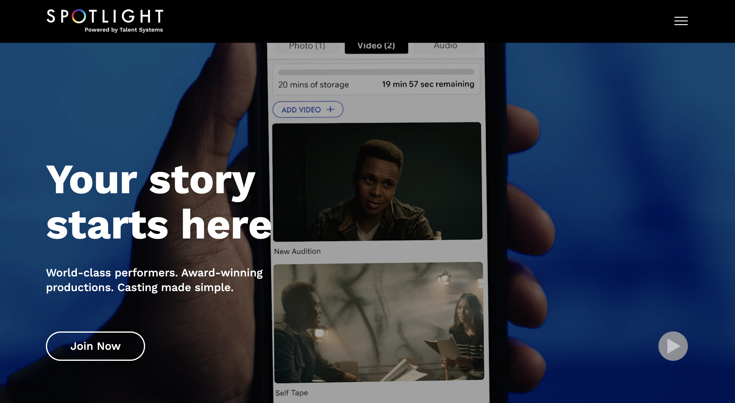 A person holding a smartphone displays a video platform interface with videos and a play button, advertising storytelling and casting services.