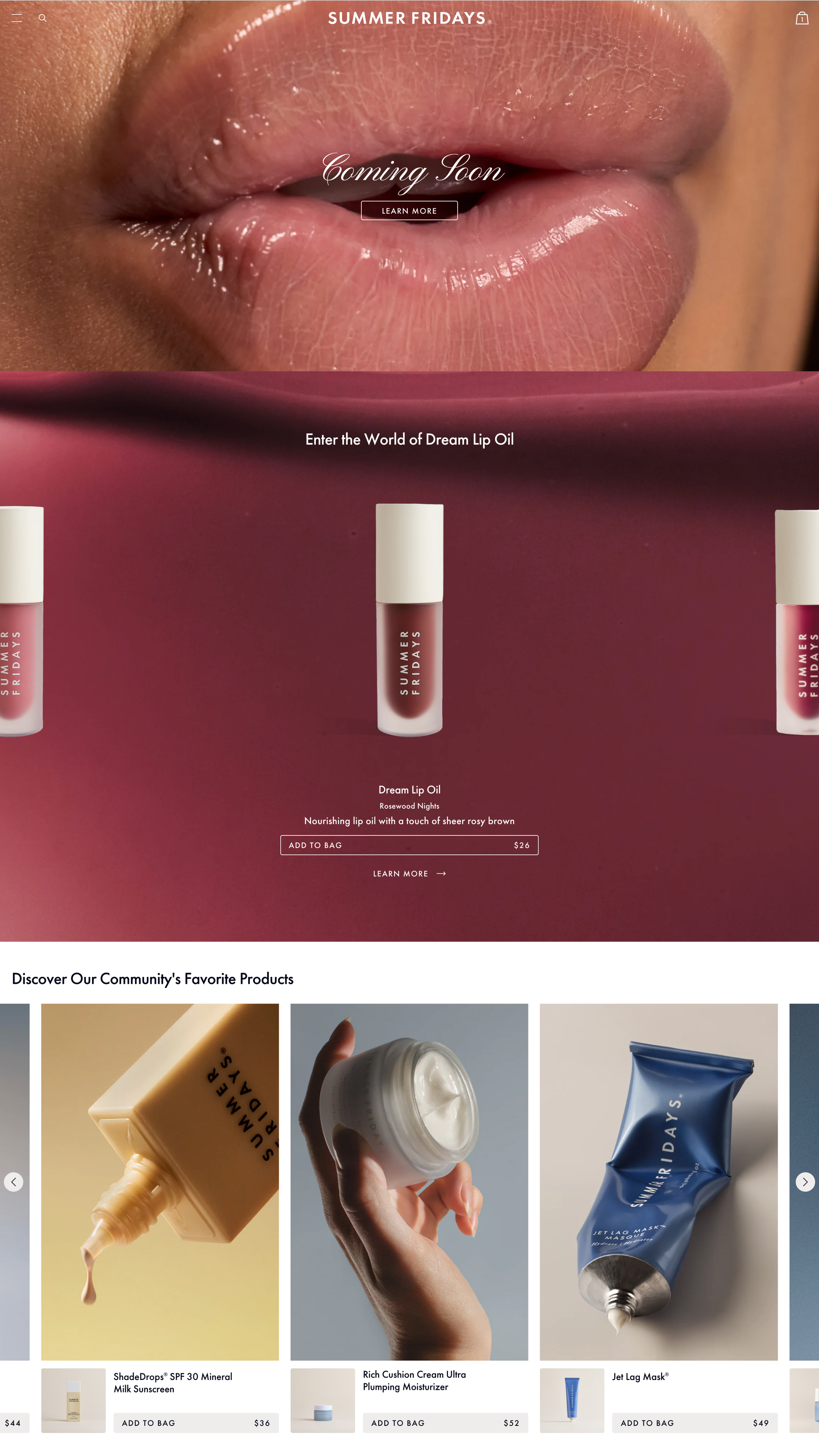 Summer Friday's website with a close-up of lips with text overlay advertising Summer Fridays lip oil, with additional images of skincare products including sunscreen, moisturizer, and a face mask.