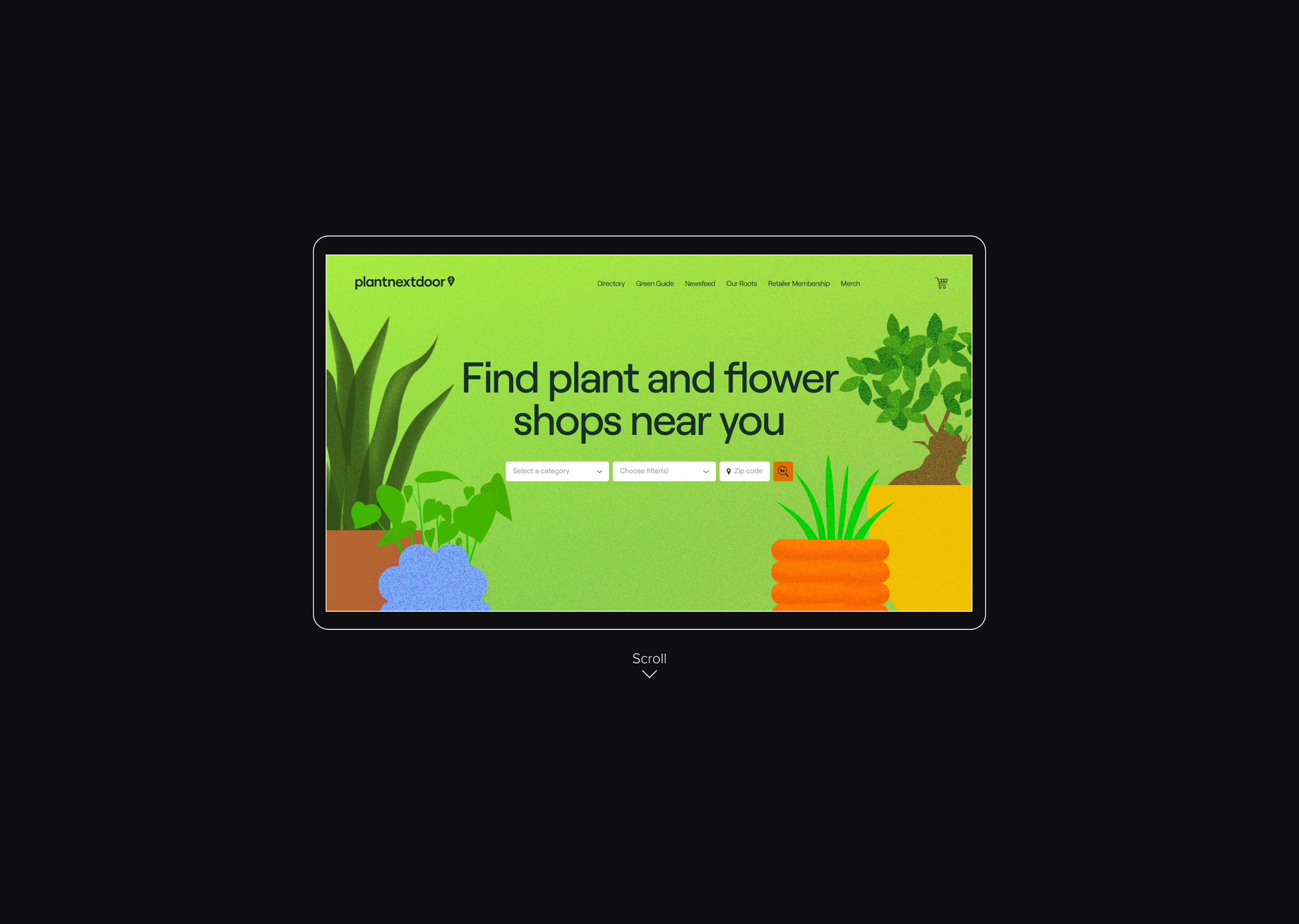 Screenshot of a website called 'plantnextdoor' with a green background and illustrations of plants and flowers. The webpage promotes finding plant and flower shops near you, with search filters for category, filters, and zip code.