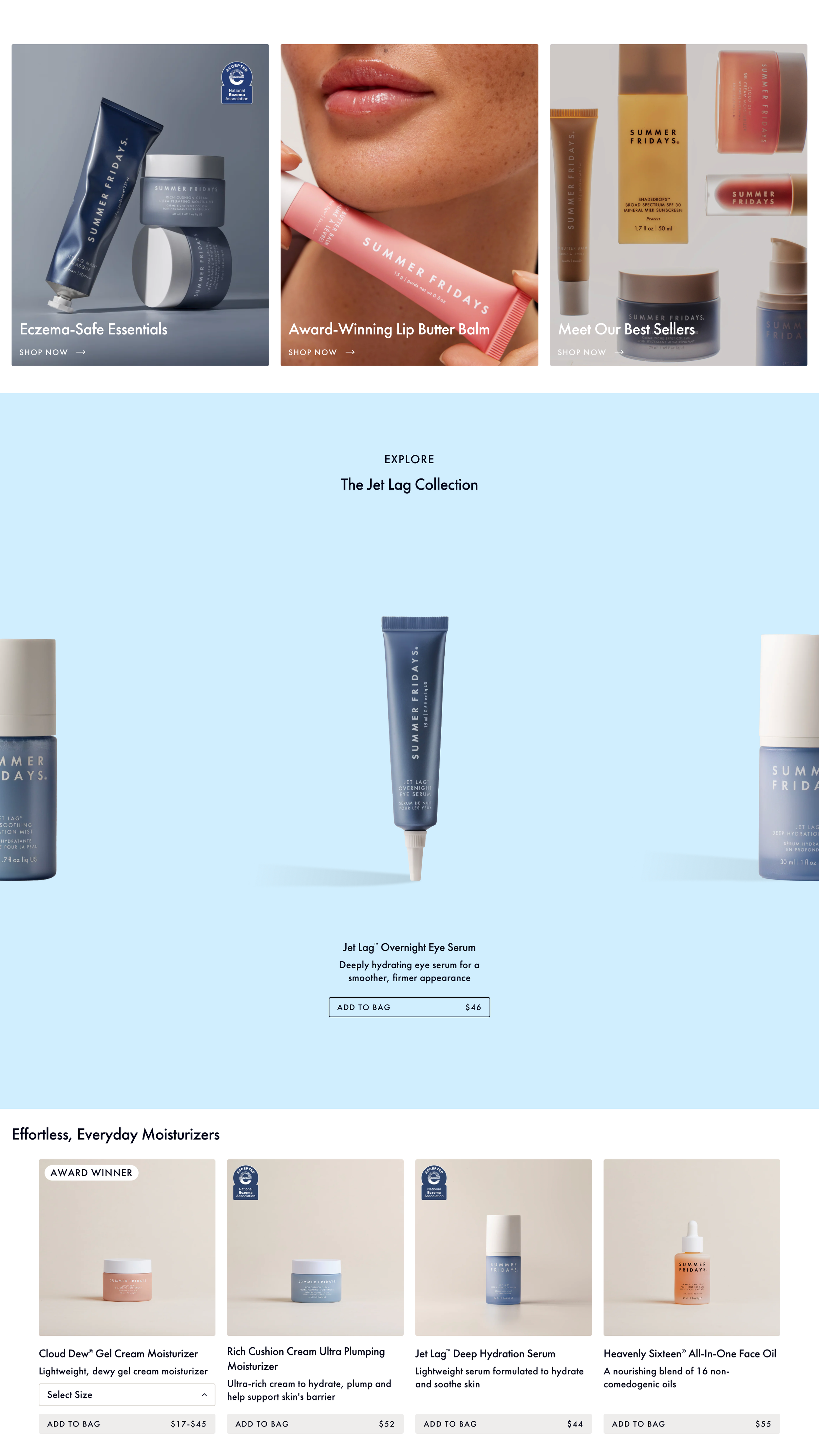 Website showcasing skincare products from Summer Fridays, including moisturizers, eye serum, face oil, and lip balm.