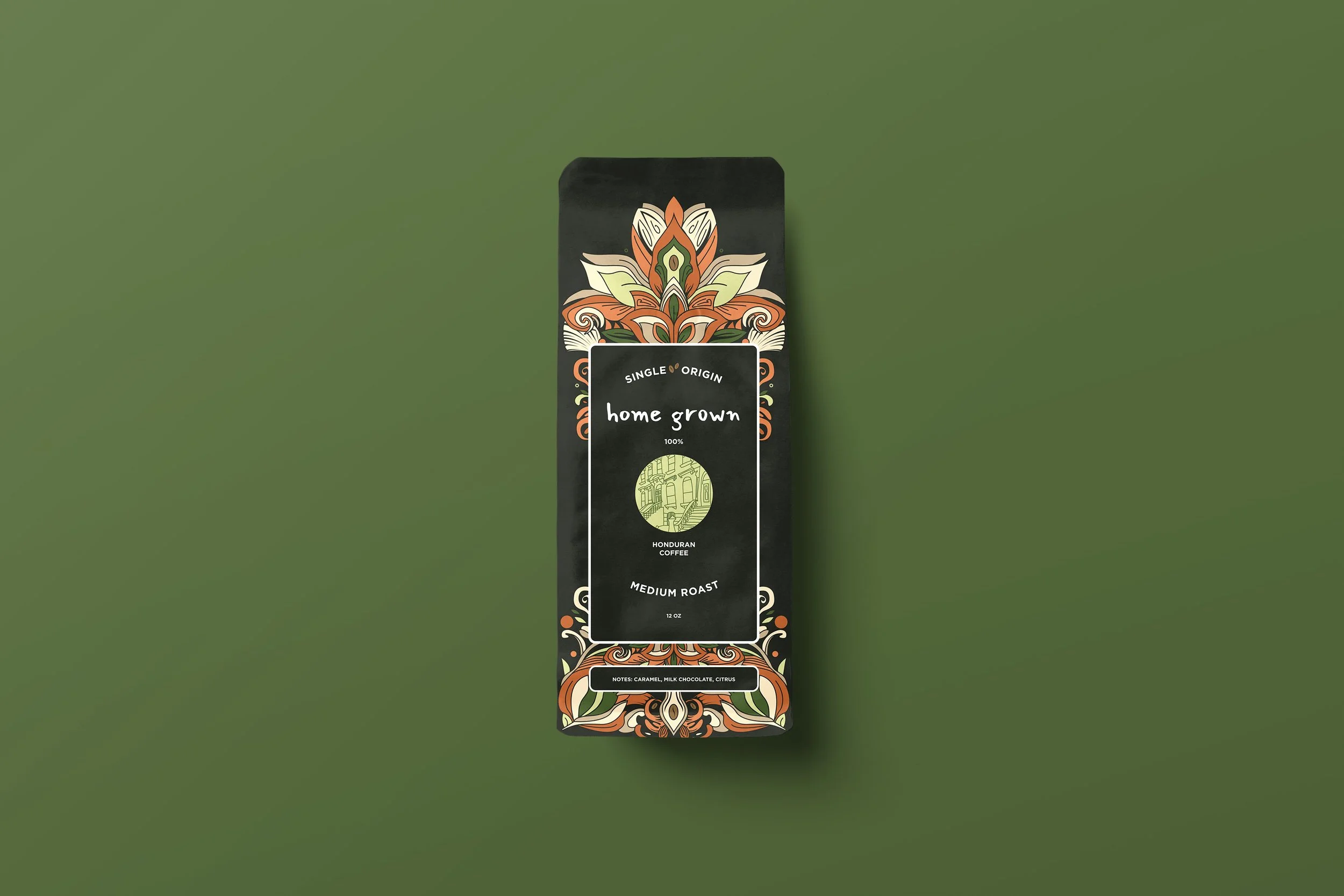 A package of single origin, home-grown Honduran coffee with medium roast, placed on a green background