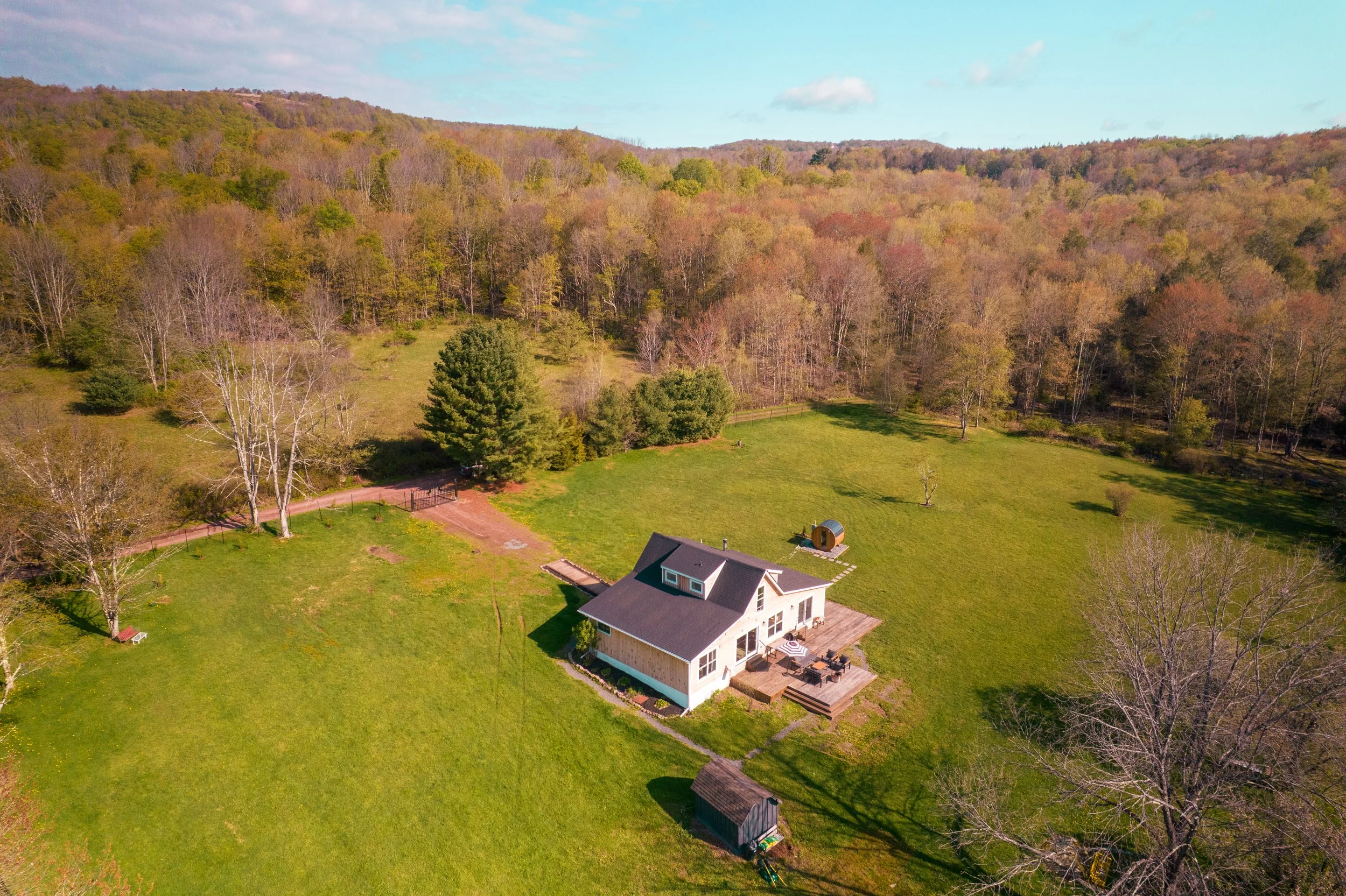 Aerial view of our dog-friendly, fenced in Catskills property. 