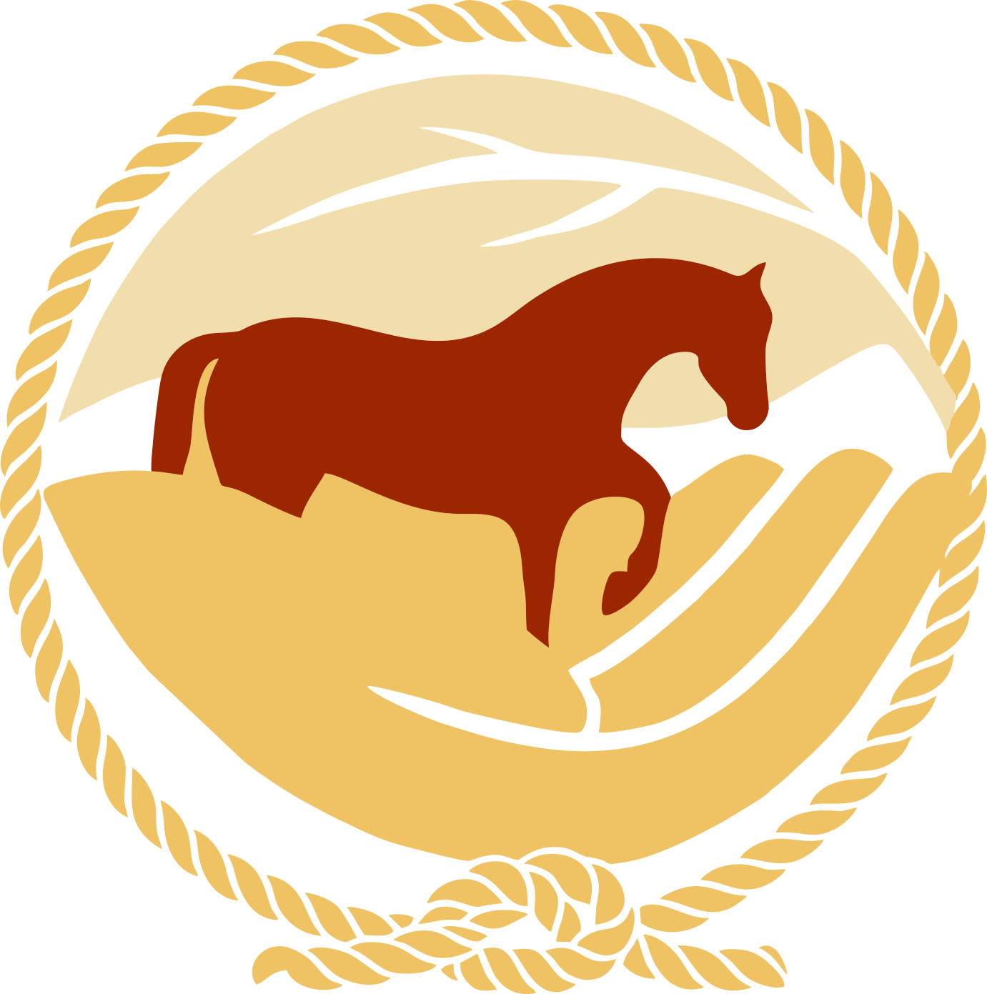 A circular logo with a gold rope border depicting a brown horse standing on beige ground, with a black branch or stick nearby, all set against a cream and black background.