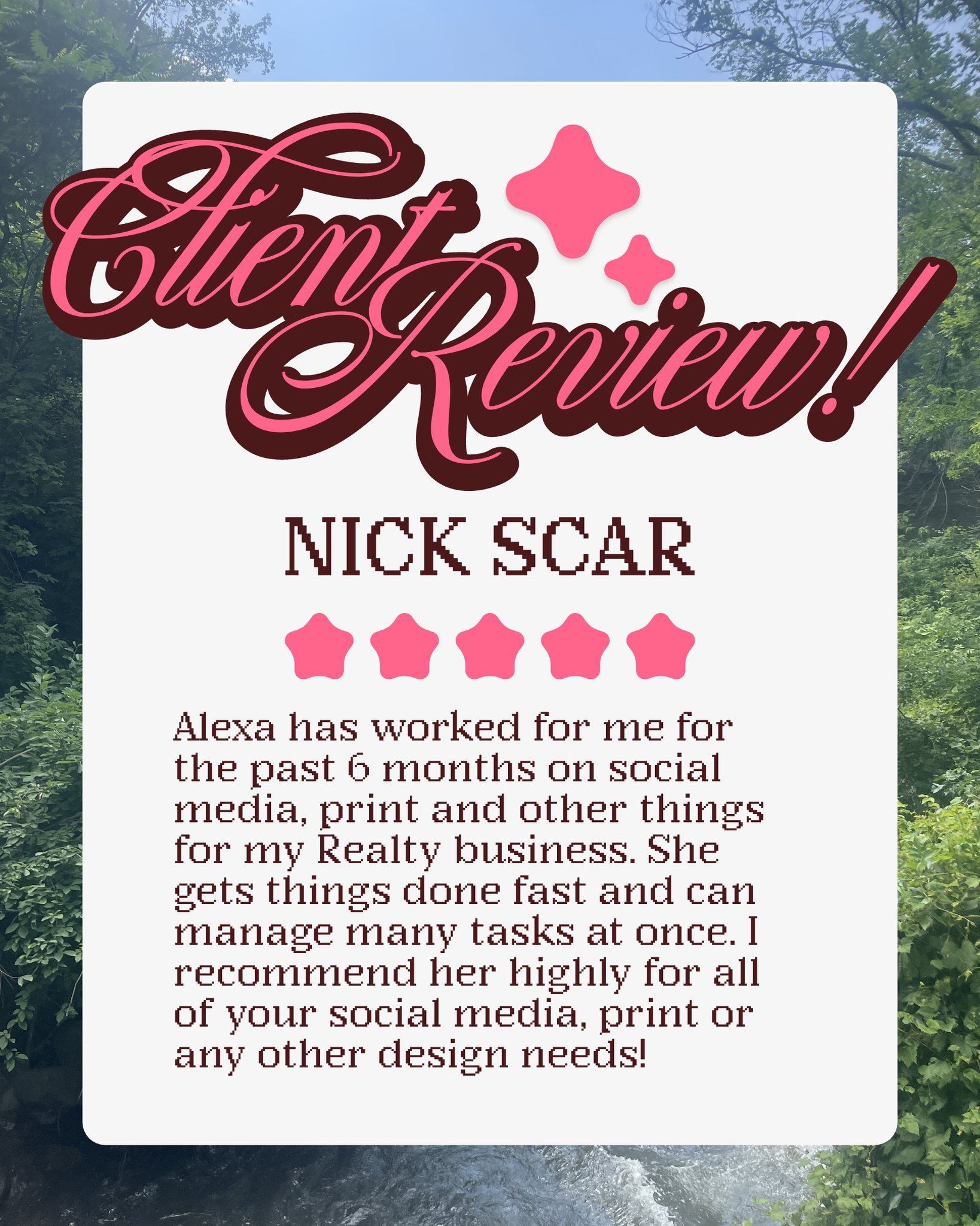 ✦ Client Review ✦
Hearing from clients like Nick always makes my day! Reach out to see how graphic design can impact your business!

#ClientReview #SocialMediaSuccess #DesignerLife #StargirlDesign #SmallBusinessGrowth #SocialMediaManager #BrandSuppor