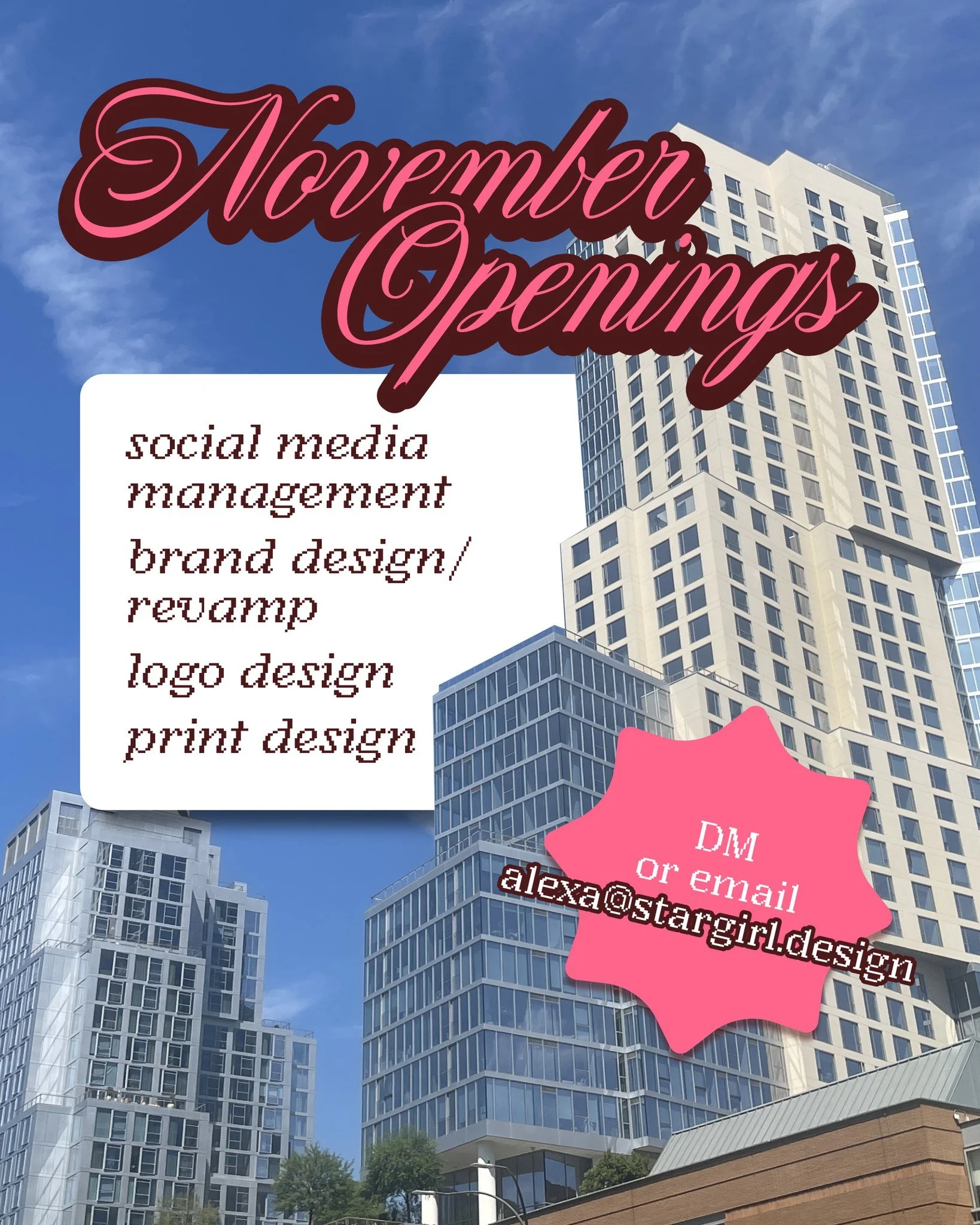 ✦ November Openings ✦
I&rsquo;ve got a few spots open for new clients! If you&rsquo;ve been thinking about handing off your socials, need print designs, or starting a new brand now&rsquo;s the time to jump in!!

#NowBooking #StargirlDesign #Freelance