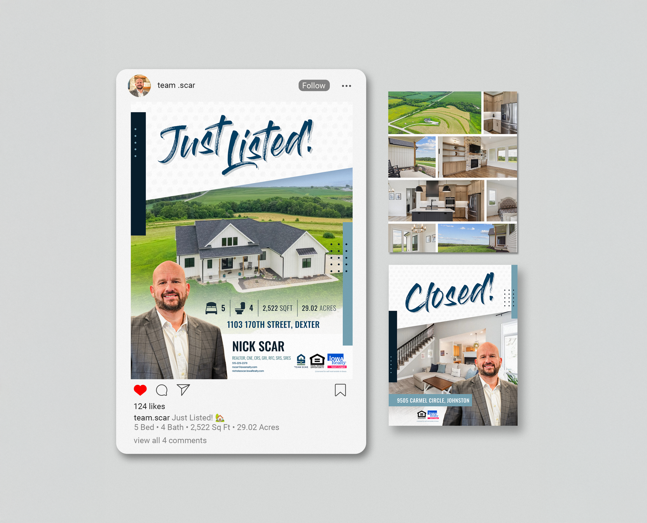 Real estate social media posts advertising a house for sale, including images of the house's interior and exterior, with the tags 'Just Listed!' and 'Closed!'