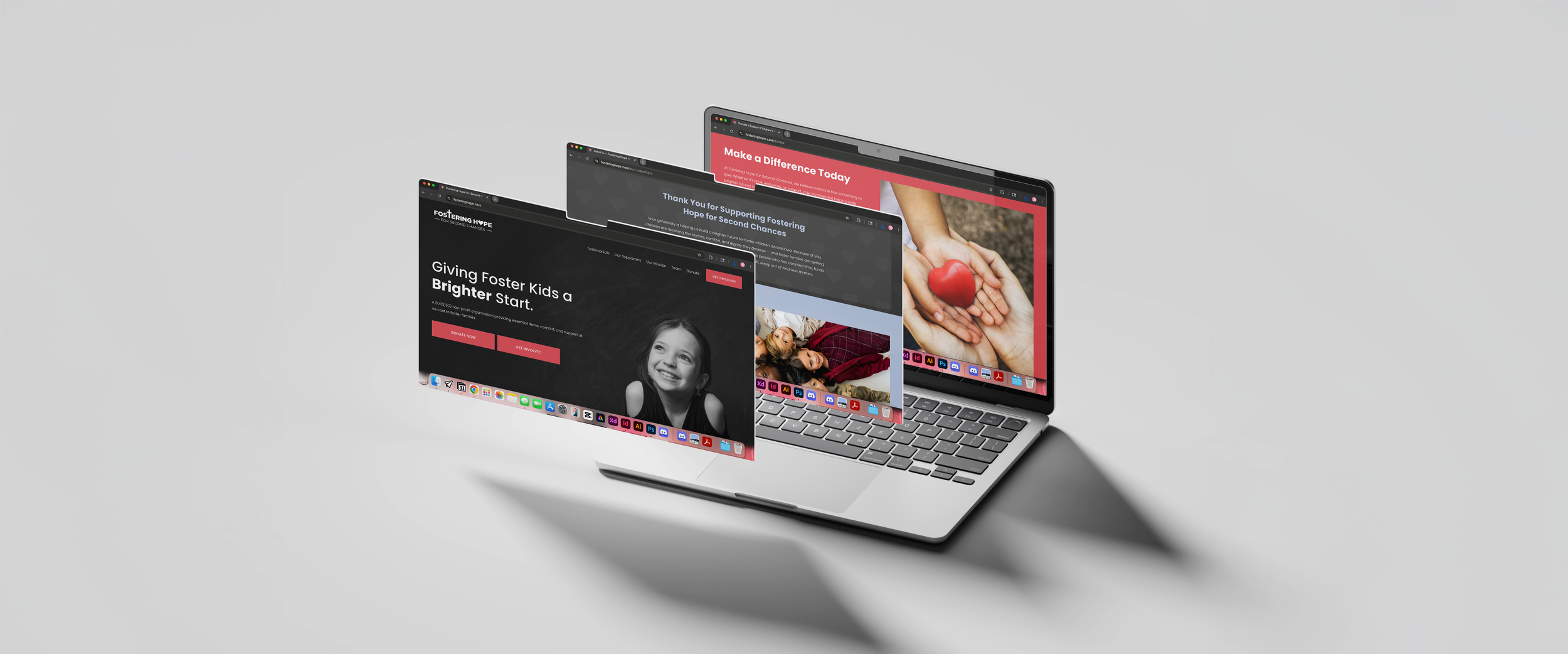A silver laptop with three website windows open, showcasing foster care and donation pages, set against a plain light gray background.