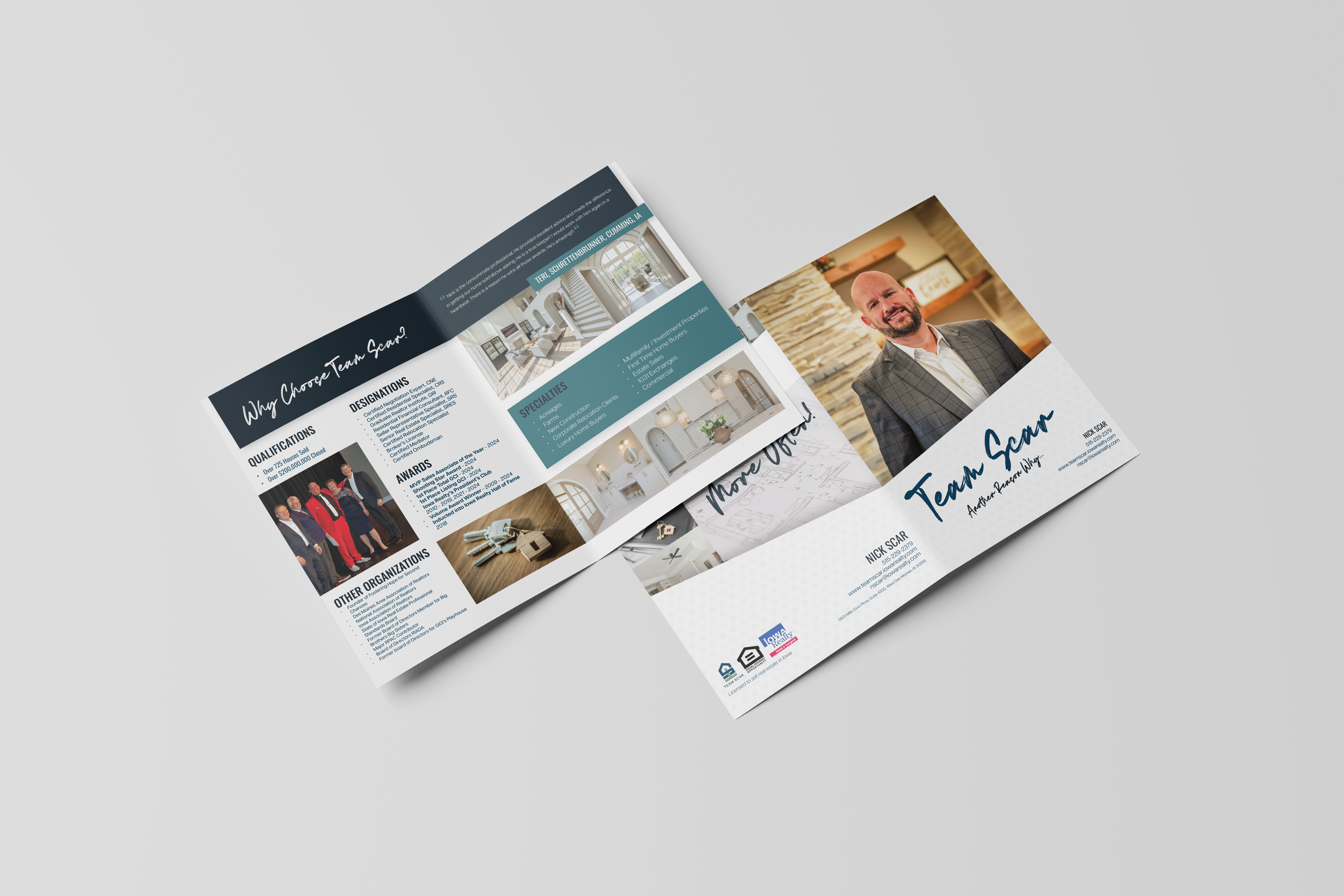 Brochure for a real estate team named 'Team Scar' featuring a professional photo of a man in a suit, and pages showing qualifications, awards, and property specialties.