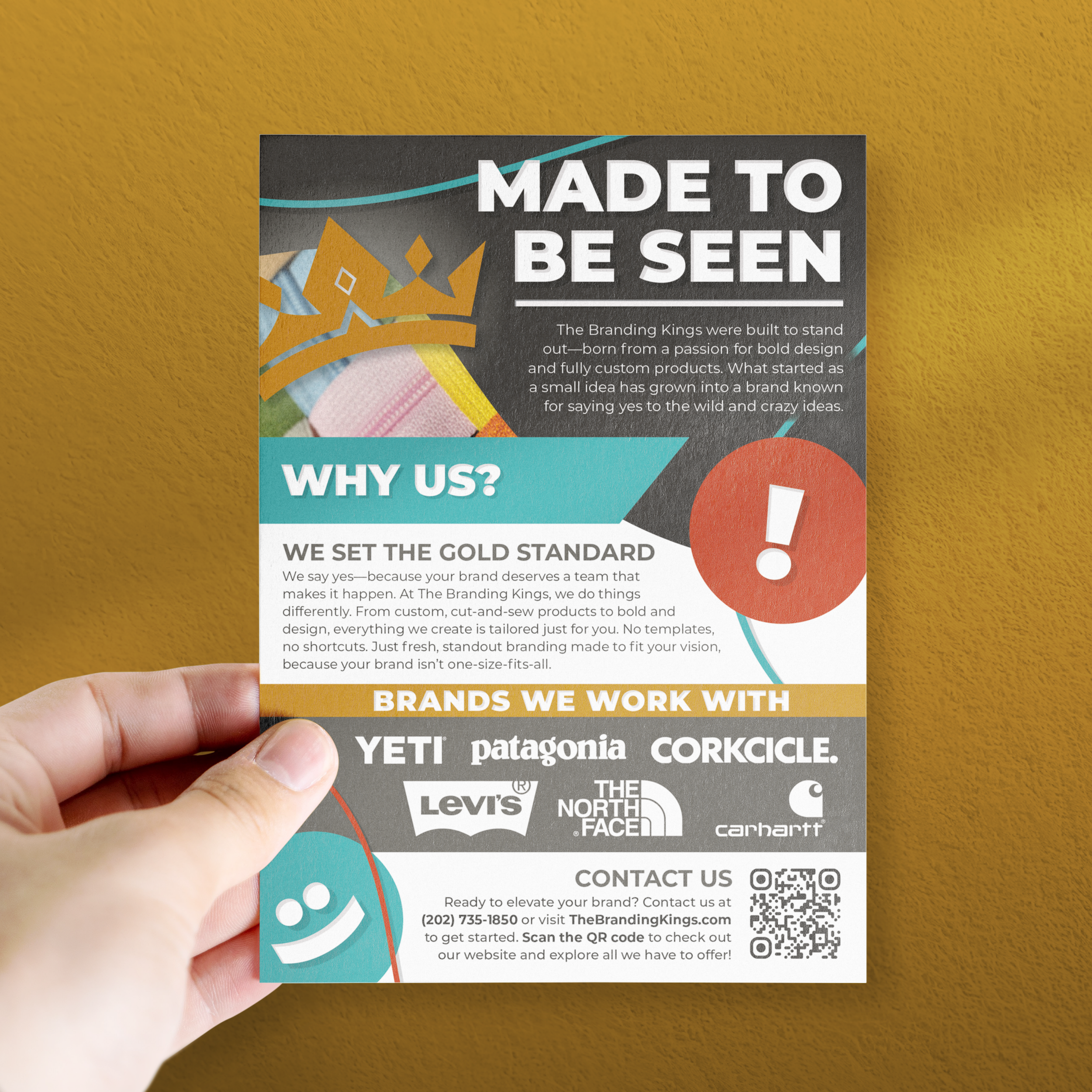 A promotional flyer from The Branding Kings features bold text and a colorful design, highlighting their branding services and client brands including YETI, Patagonia, CORKCICLE, Levi's, The North Face, and Carhartt. It includes a QR code and contact