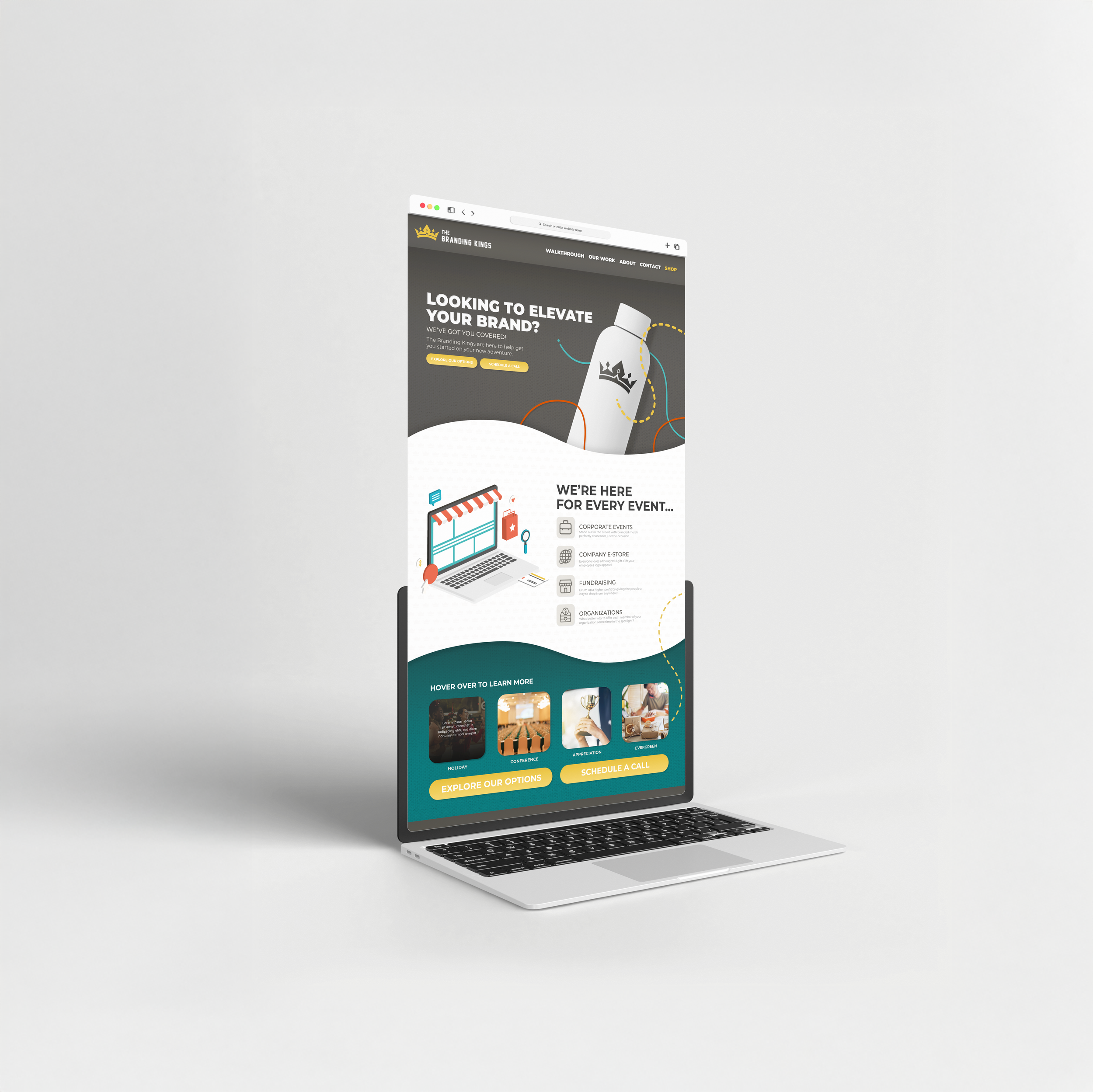 A laptop displaying a website with a promotional design for event branding services, featuring text and icons about branding, events, and scheduling.