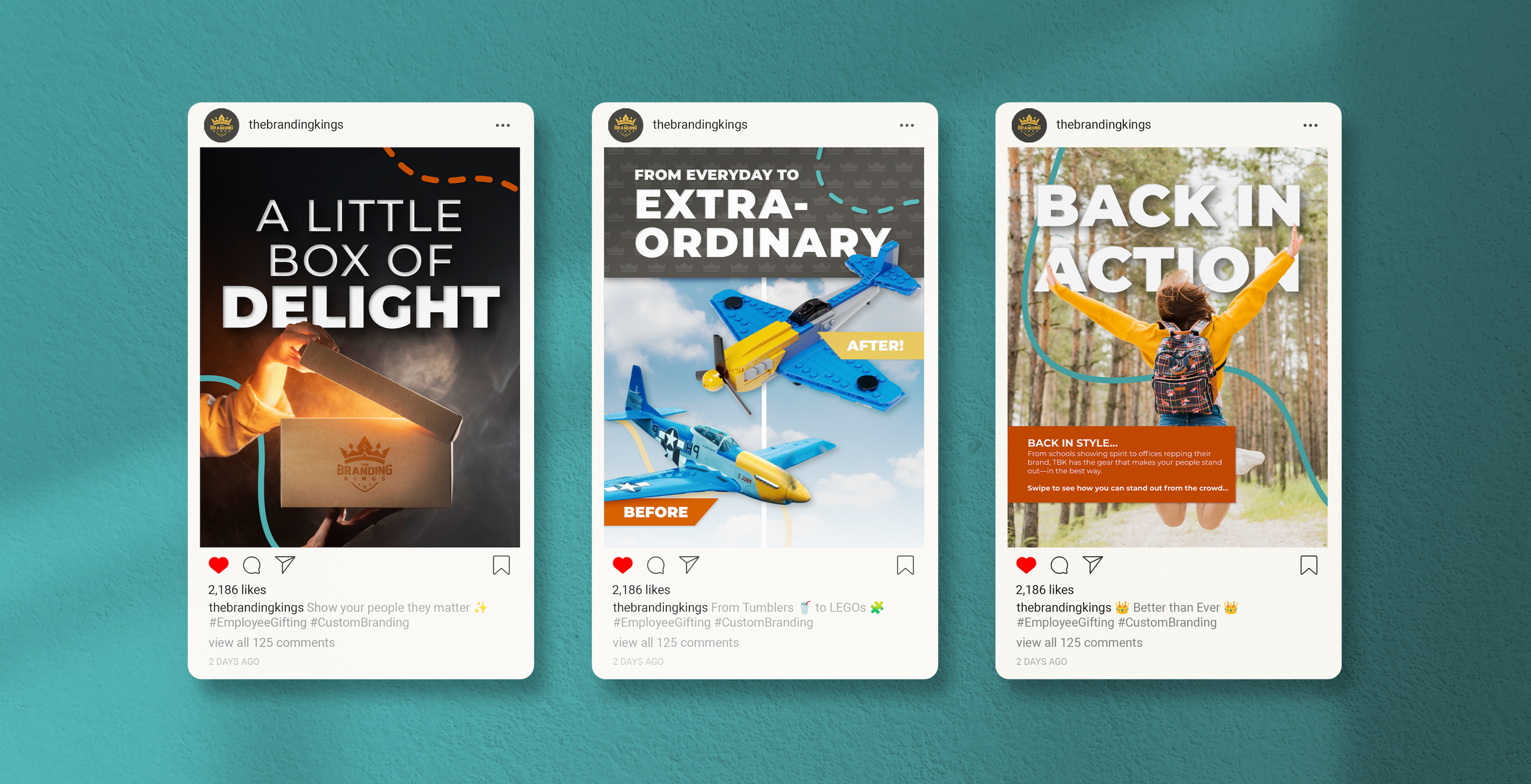Three social media posts from thebrandingkings featuring promotional content about employee gifting and branding. The first shows a hand holding an open cardboard box with the text "A Little Box of Delight." The second displays a LEGO plane with a be