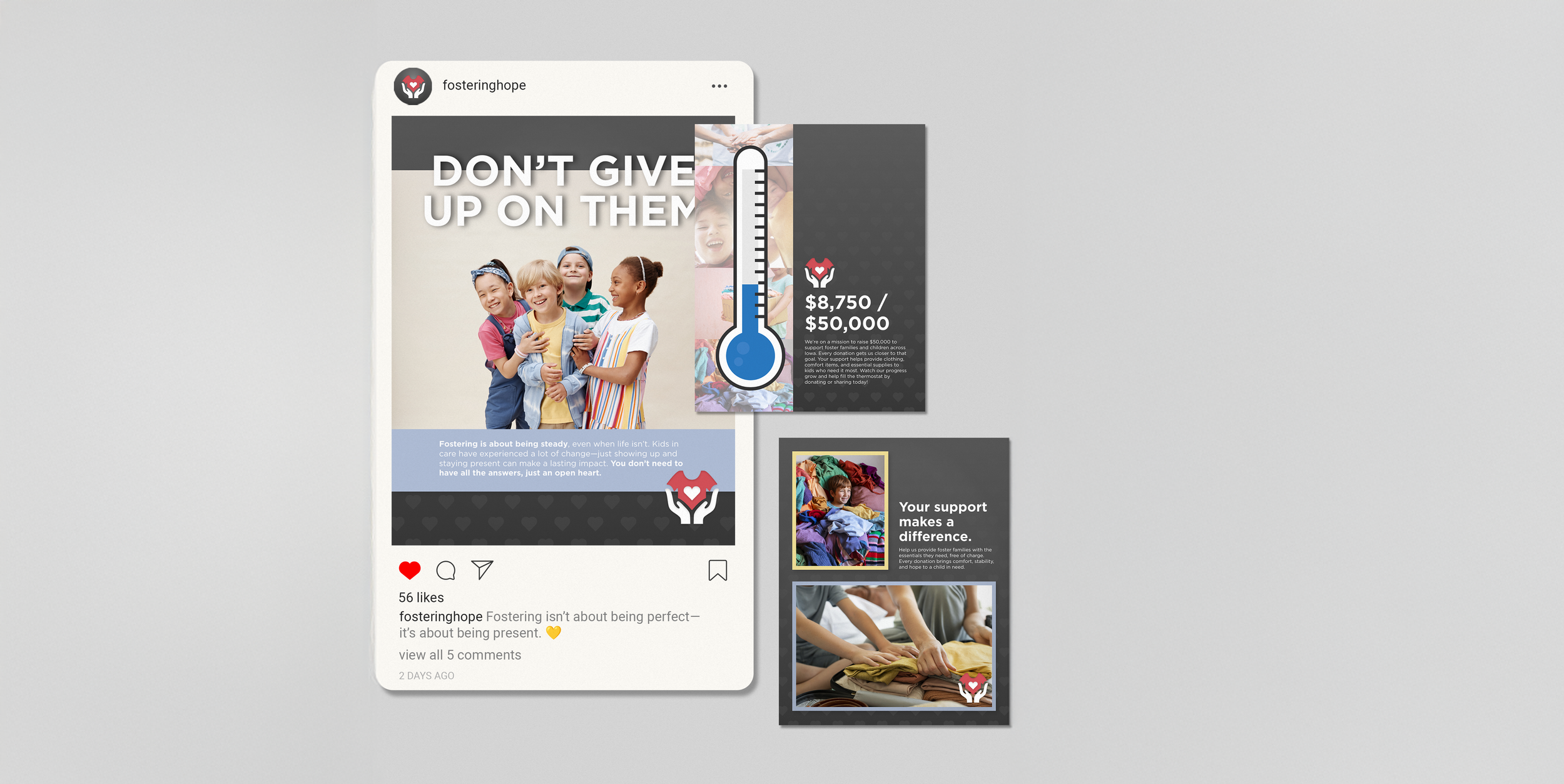 Instagram post from fosteringhope with a group of smiling children and the message "Don't give up on them." There are donation progress graphics showing $8,750 out of $50,000 goal. Additional images feature children and supporting text about foster c