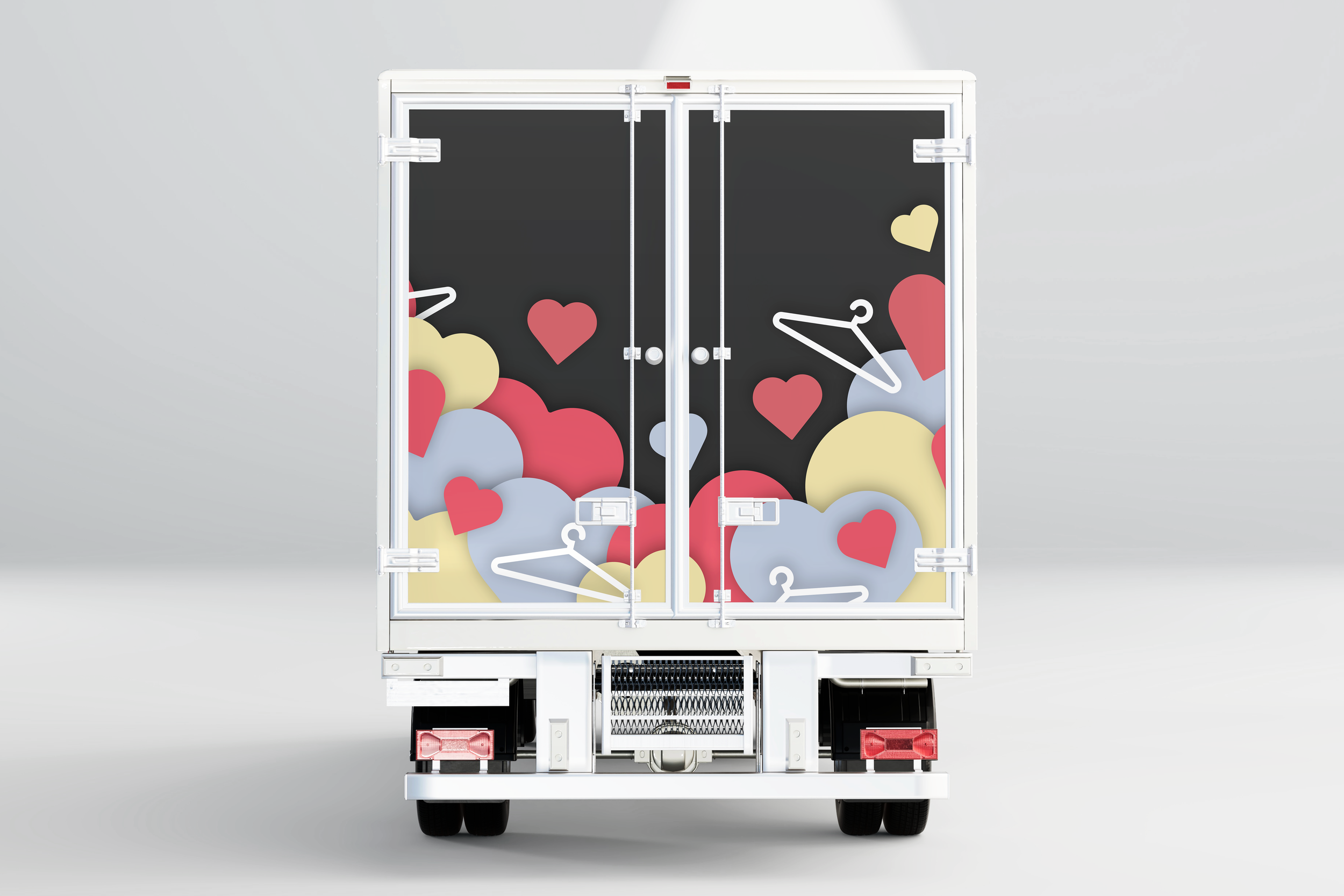 A delivery truck with clear rear doors decorated with a graphic of multiple floating hearts in pink, yellow, and blue colors, along with white hanger outlines.