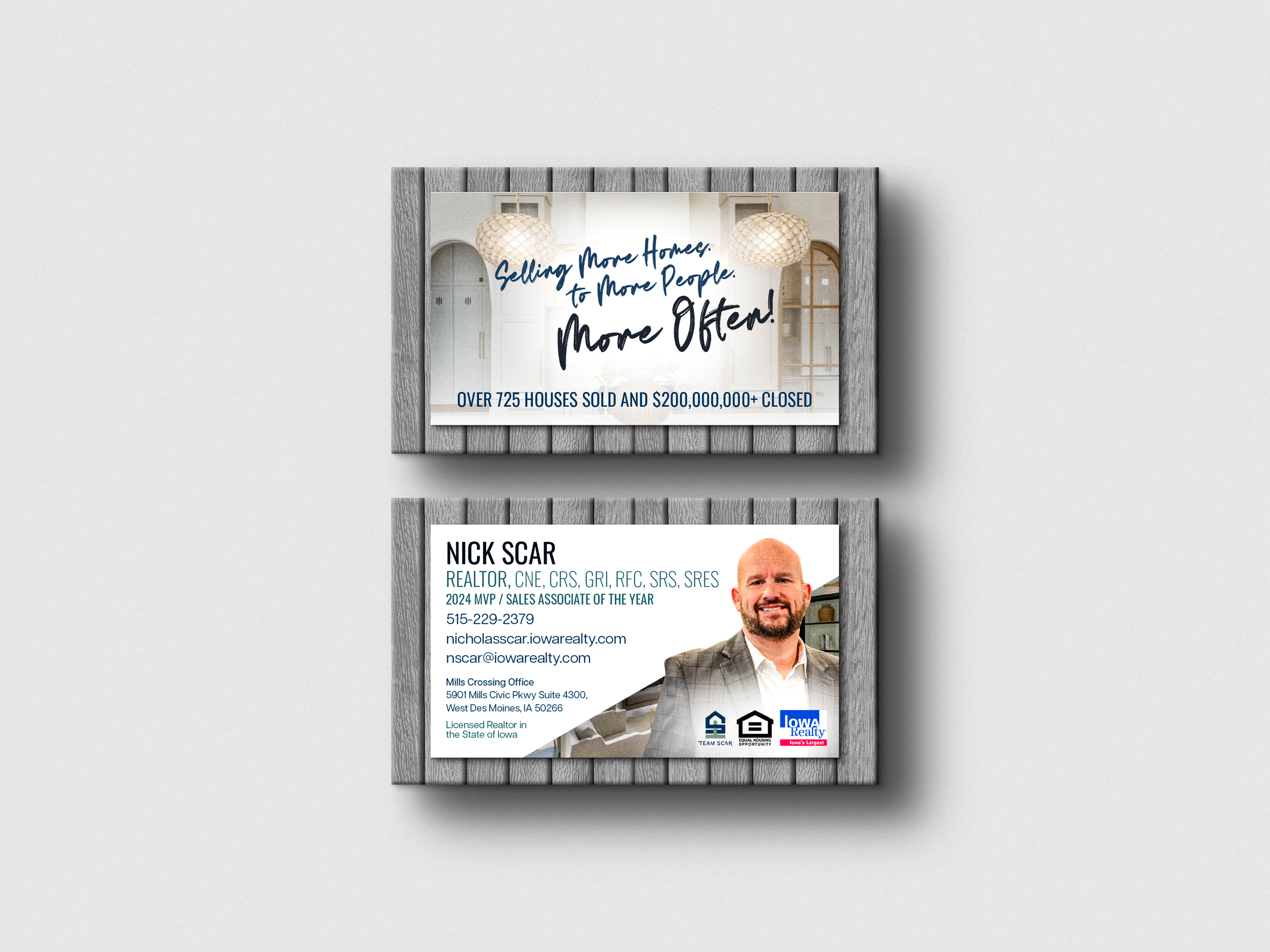 A set of two real estate business cards with a gray wood border, featuring a quote and a professional headshot of a man named Nick Scar, a realtor, with contact information.