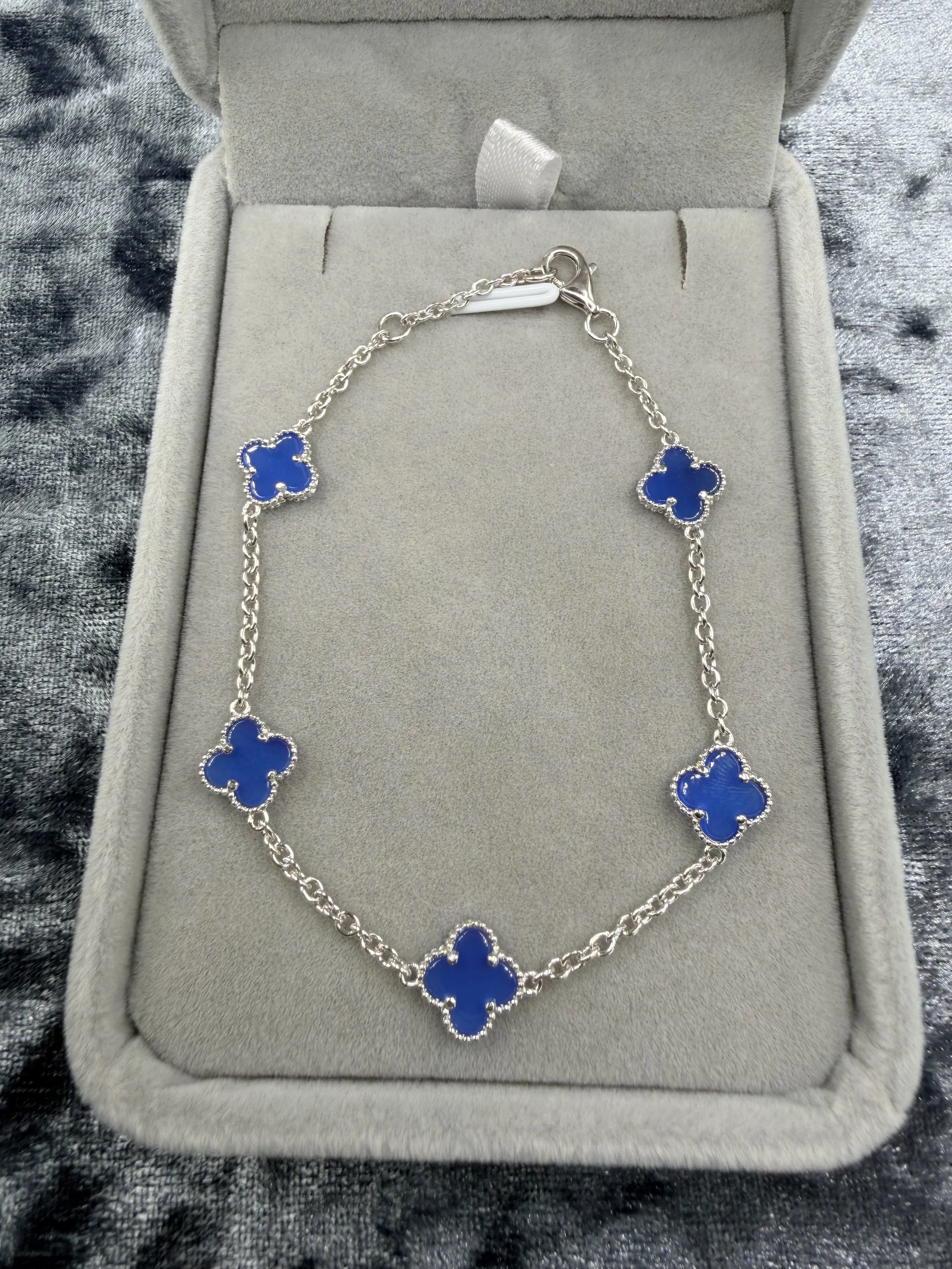 Sterling Silver and Blue Enamel Clover Bracelet