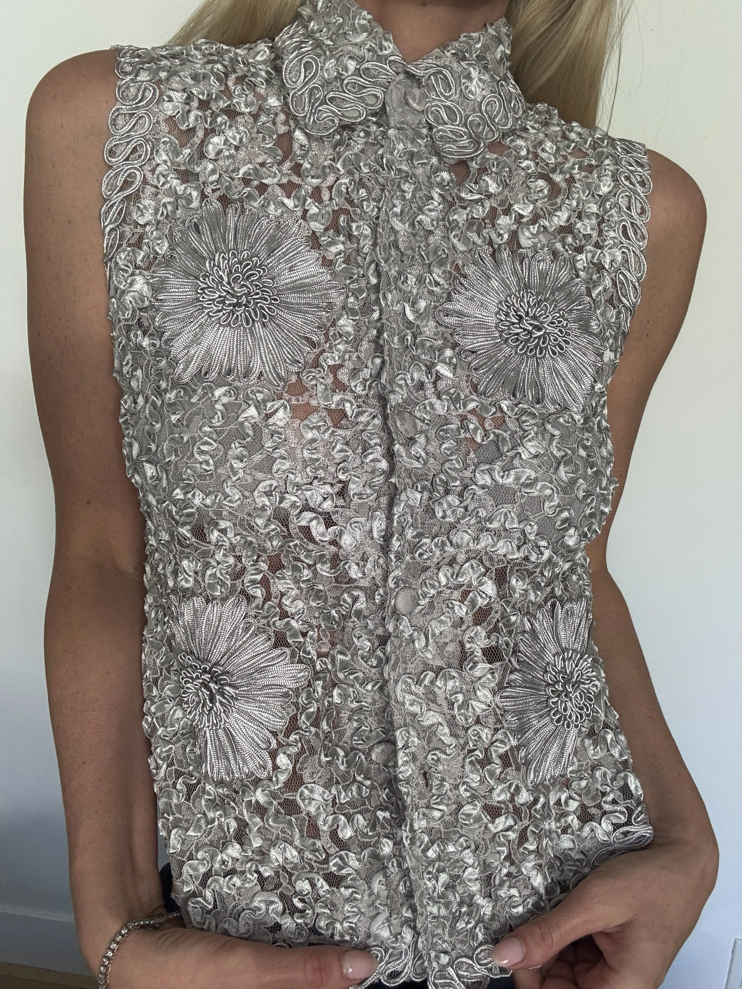 Y2K Silver Embroidered Top