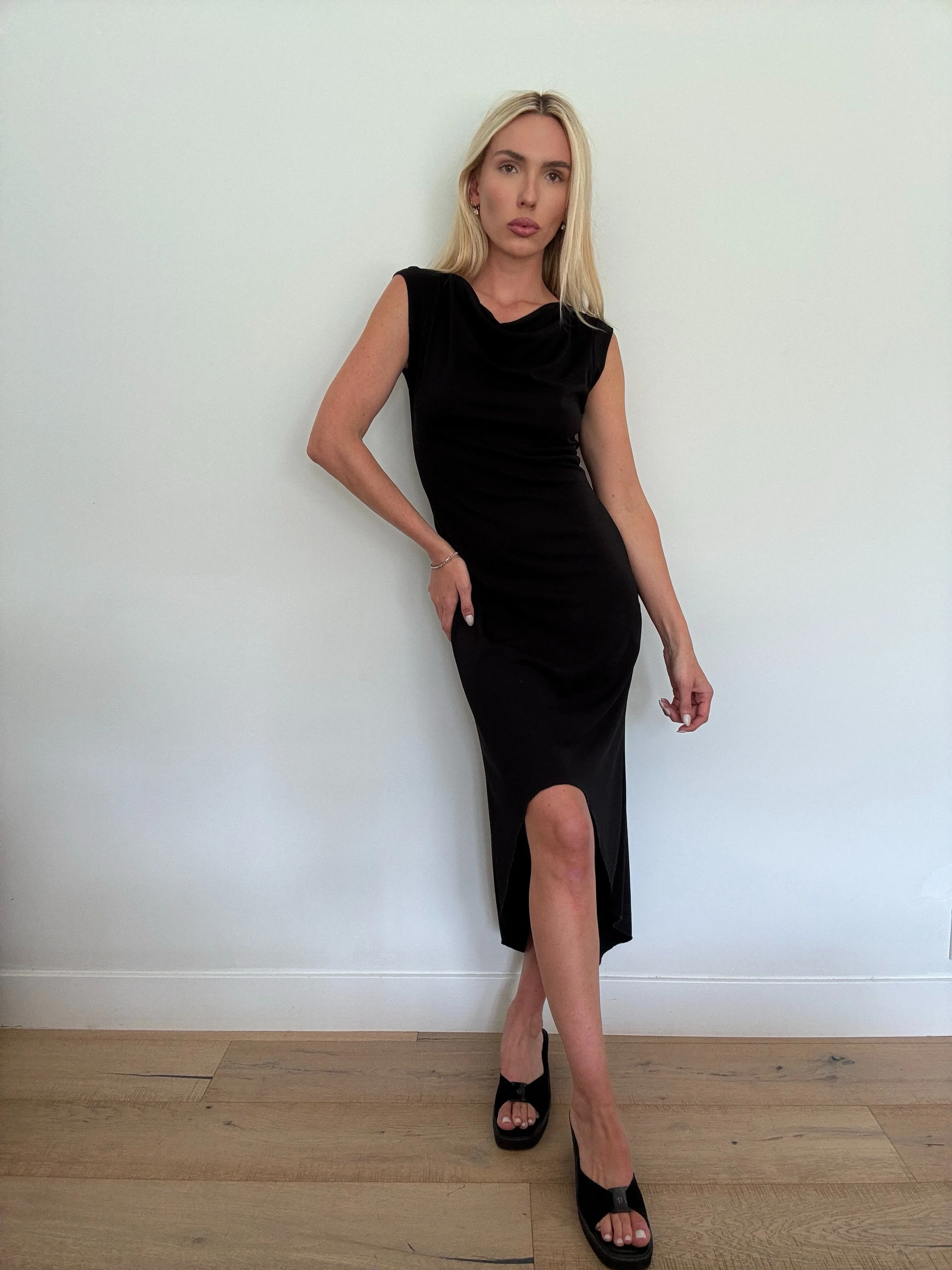 90s / Y2K Cowl Neck Black Midi Dress