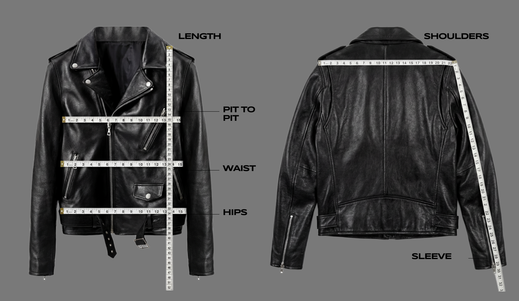 Black leather motorcycle jacket shown from front and back with measurements labeled for length, shoulders, pit to pit, waist, hips, and sleeve.