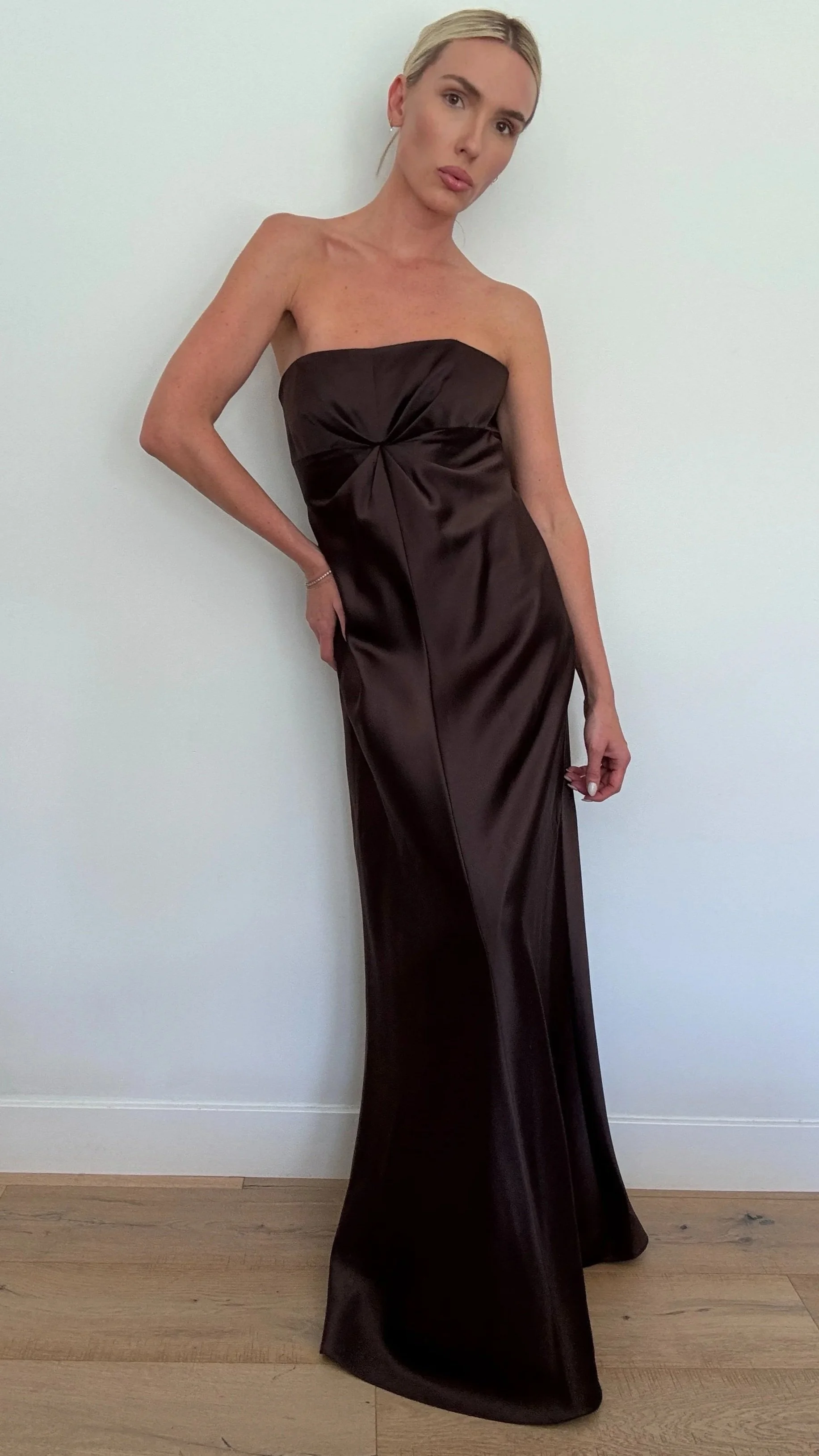 Strapless Silky Chocolate Brown Gown