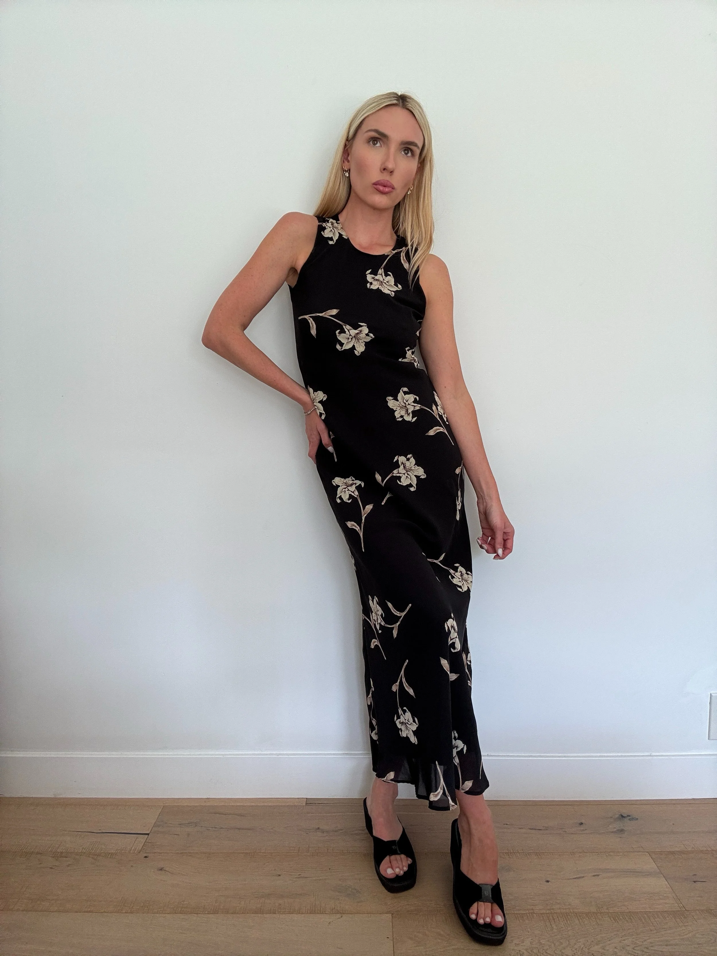 Black/Cream Floral 90s Midi Dress