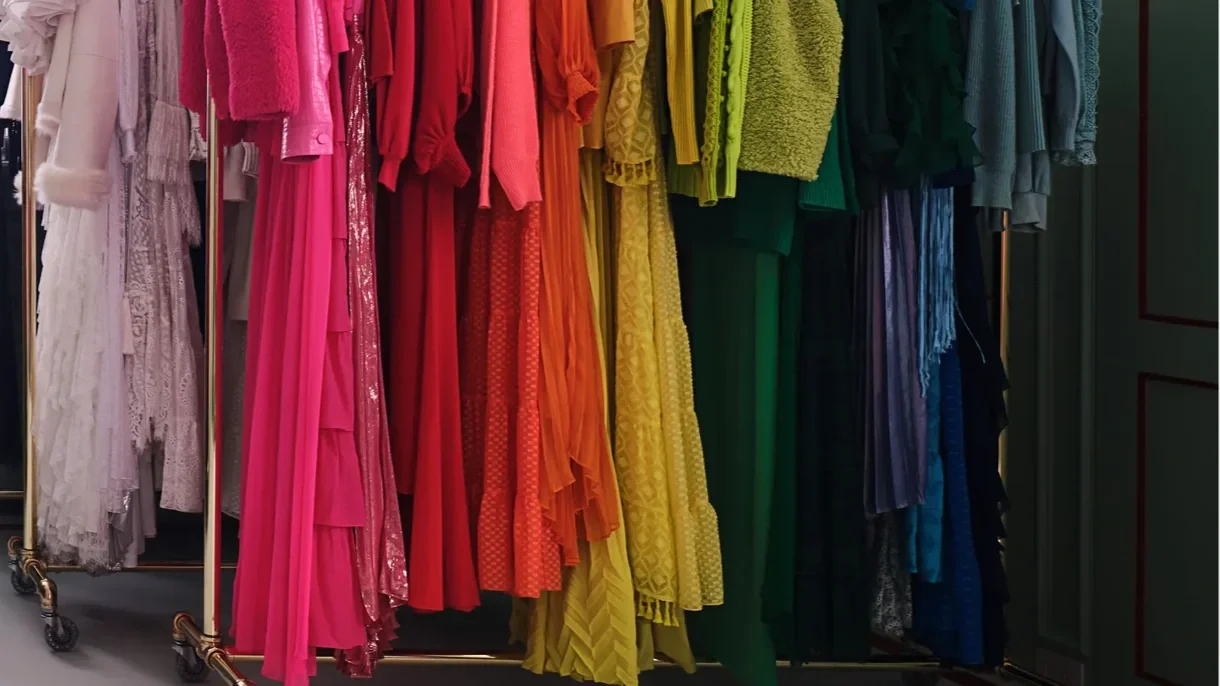Clothing rack with dresses in rainbow colors from white to dark blue.