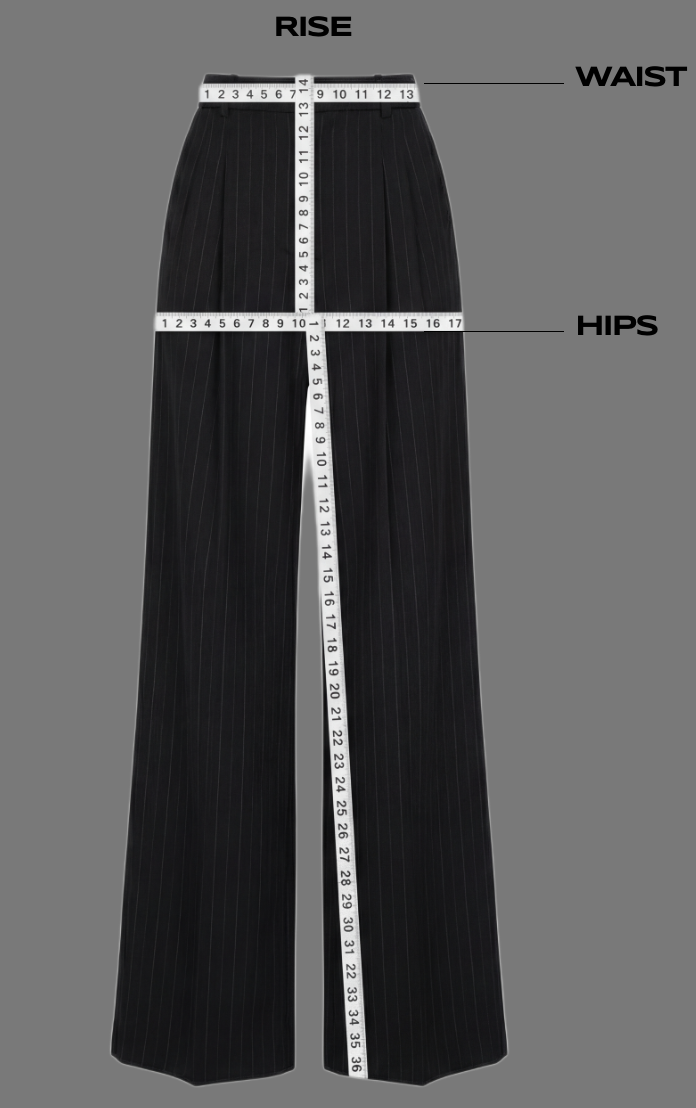 A pair of black pinstriped trousers on a gray background with measurements of waist, hips, and rise marked with a tape measure.