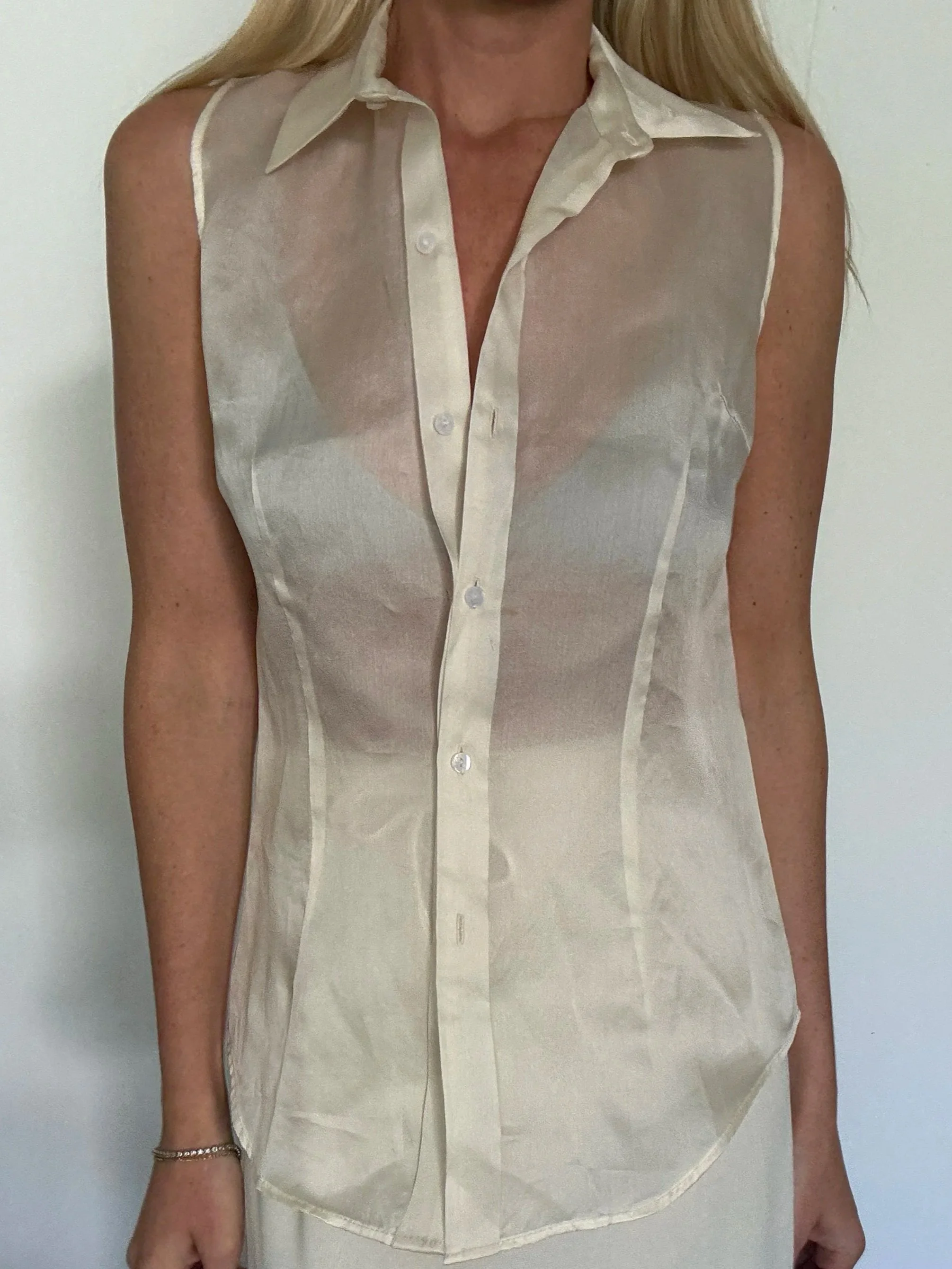 100% Silk White Sheer Button Down