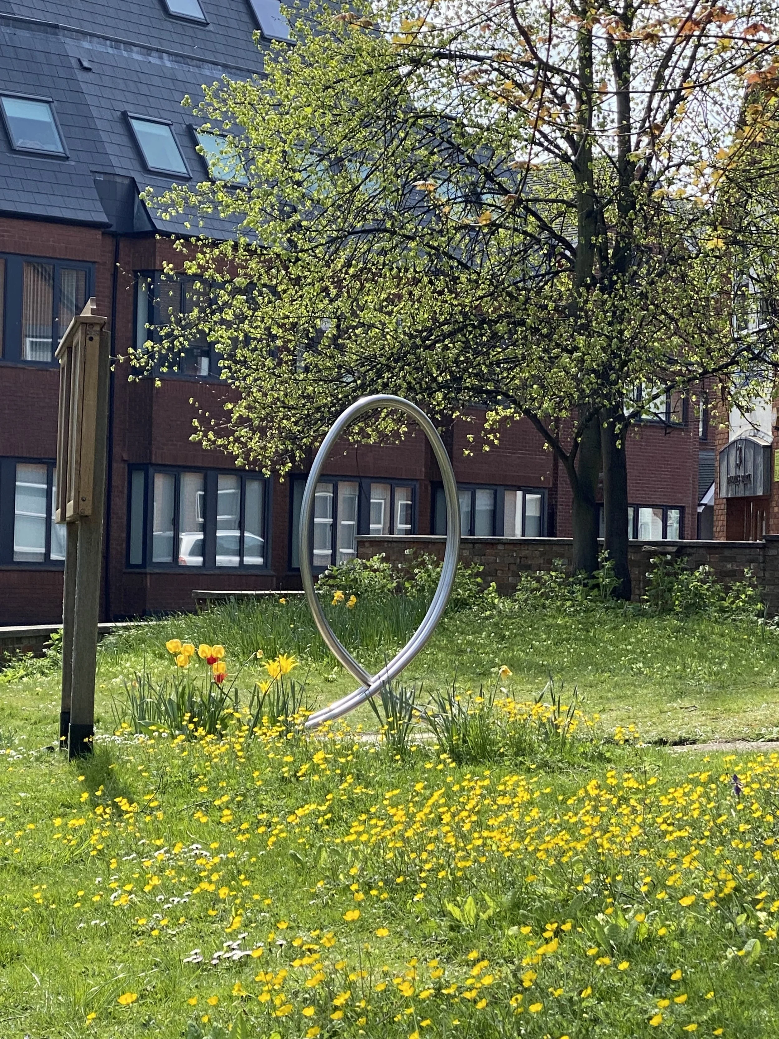 A grassy area with yellow flowers, tulips, and a large flowering tree in front of a modern brick apartment building. There is a metallic sculpture loop and a wooden signpost to the left.