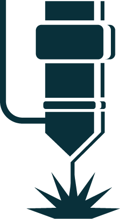 A laser cutting machine with a laser beam cutting through material and sparks flying
