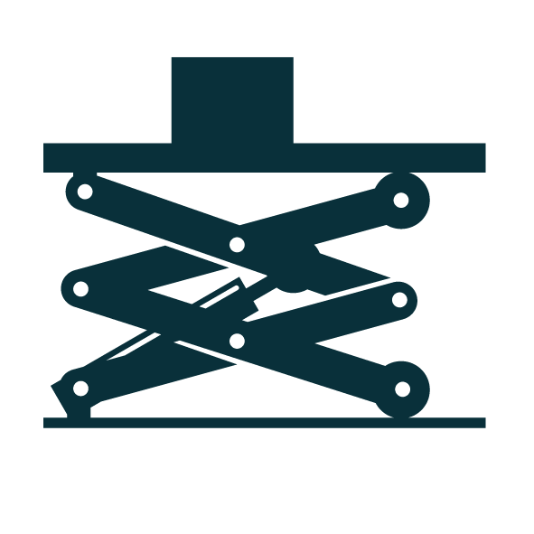 A black and teal illustration of a scissor lift platform with multiple crossed and extended arms.