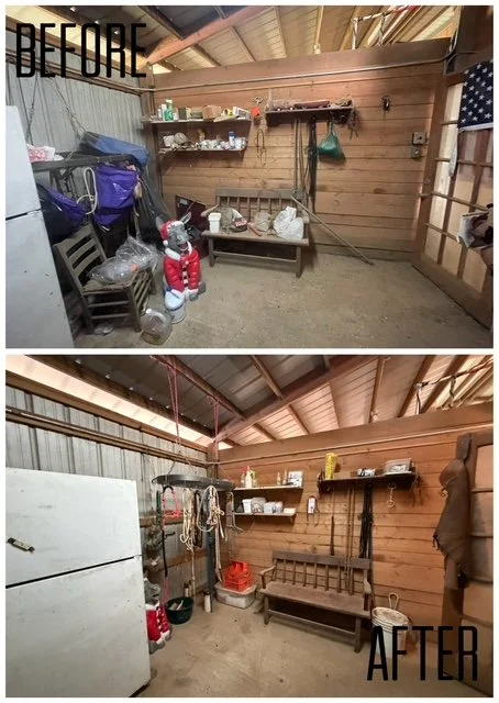 declutter and organize barn tack room, barn feed room, barn, medicine, halters, lead ropes, saddles in a barn in Cobb County, Georgia