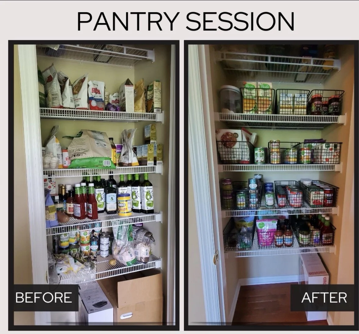 decluttered and organized pantry with wire baskets in a home in Marietta, Georgia
